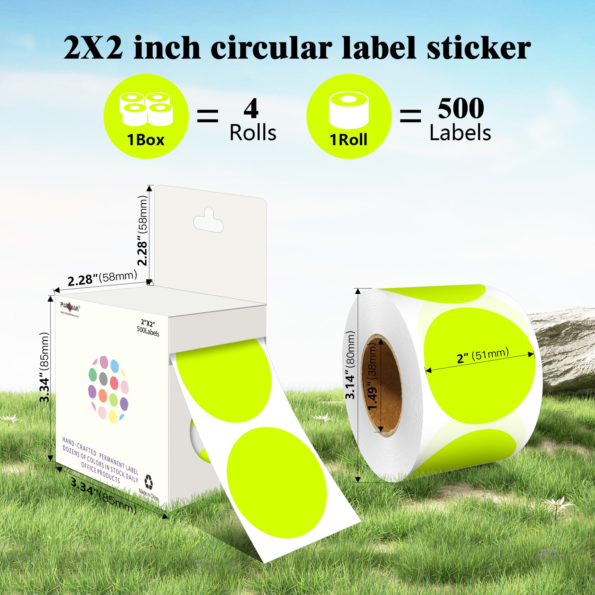 PARLAIM Lot de 4 rouleaux de 2 000 étiquettes autocollantes rondes de 5,1 cm (jaune fluo)