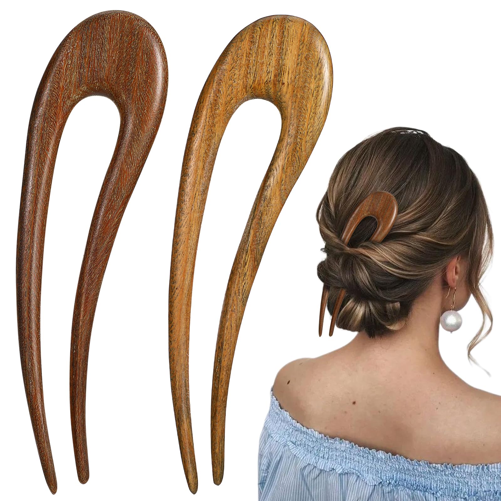 Paquete de 2 horquillas de madera francesas para el pelo para mujer, palitos de madera en forma de U, pinzas vintage para moño