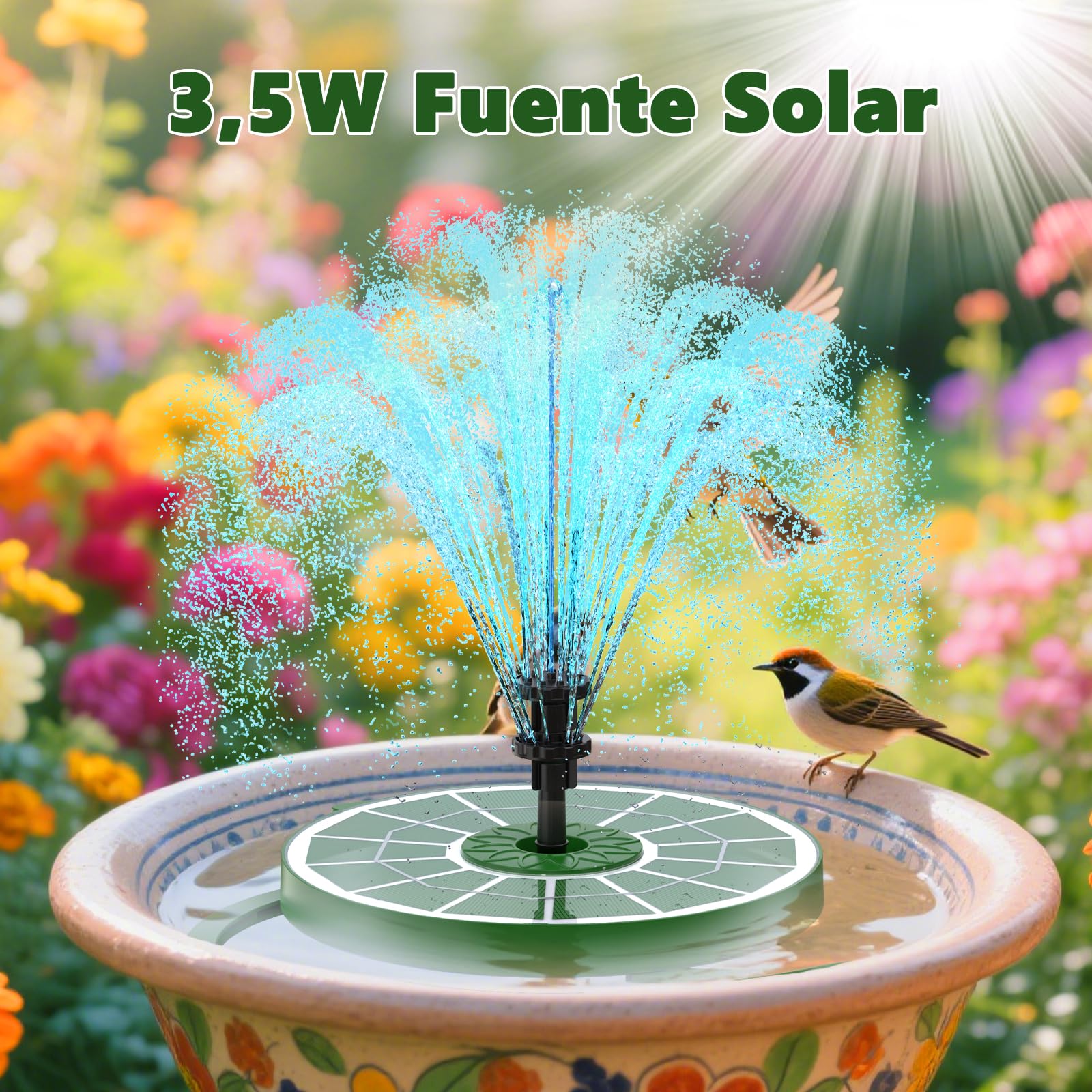 AISITIN Fuente Solar Jardin Exterior, Fuente Jardin con Múltiples Boquillas y Soportes Fijos, Bomba de Agua Solar con Panel de Cristal Verde Oscuro para Estanque, Piscina,Baño de Pájaros
