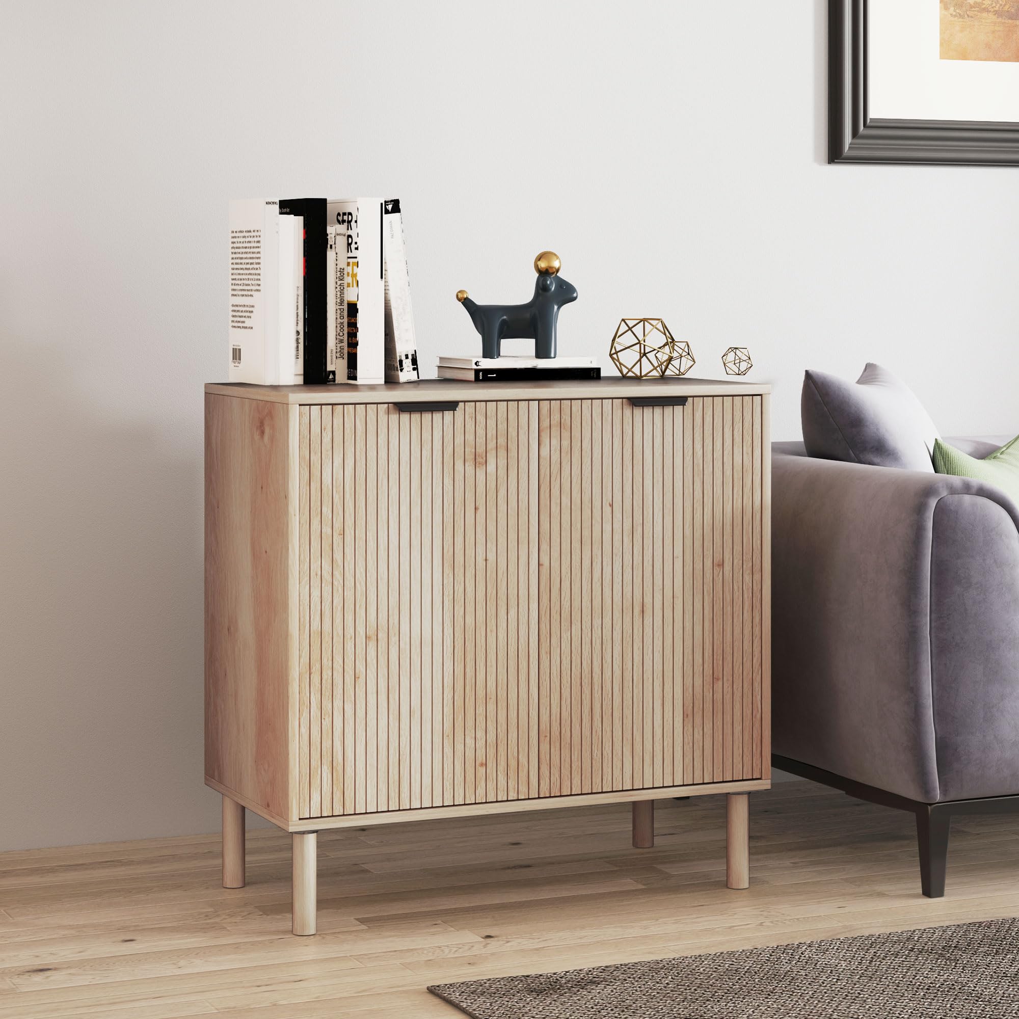 HOMCOM Aparador de Salón Estante Ajustable 2 Puertas 78x40x77,5 cm Roble | Aparador, Sistema Anti-vuelco, Patas de Madera de Pino, para Comedor Pasillo