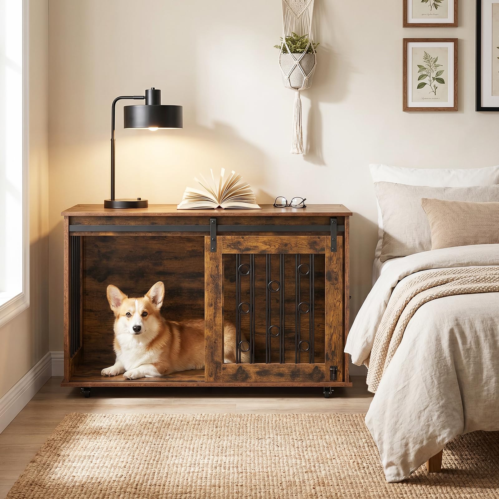 EUGAD Jaula para Perros Interior,Dog Crate para Perro de Madera | para Perros Medianos Grandes,con Ruedas y Puertas,Caseta Móvil Perros hasta 120KG,Moderna Casa Perro 100x56x58cm