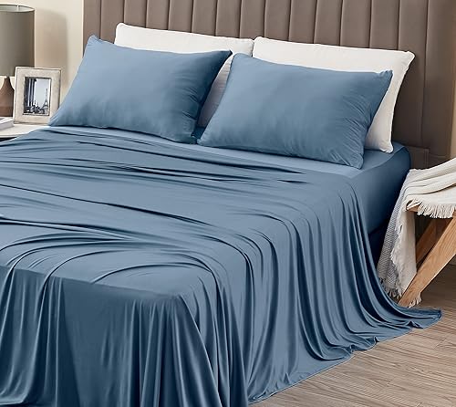 Juego de sábanas de lujo tamaño King con 2 fundas de almohada, tela ultrasuave, refrescante y transpirable, sábanas azules, juego de 4 piezas