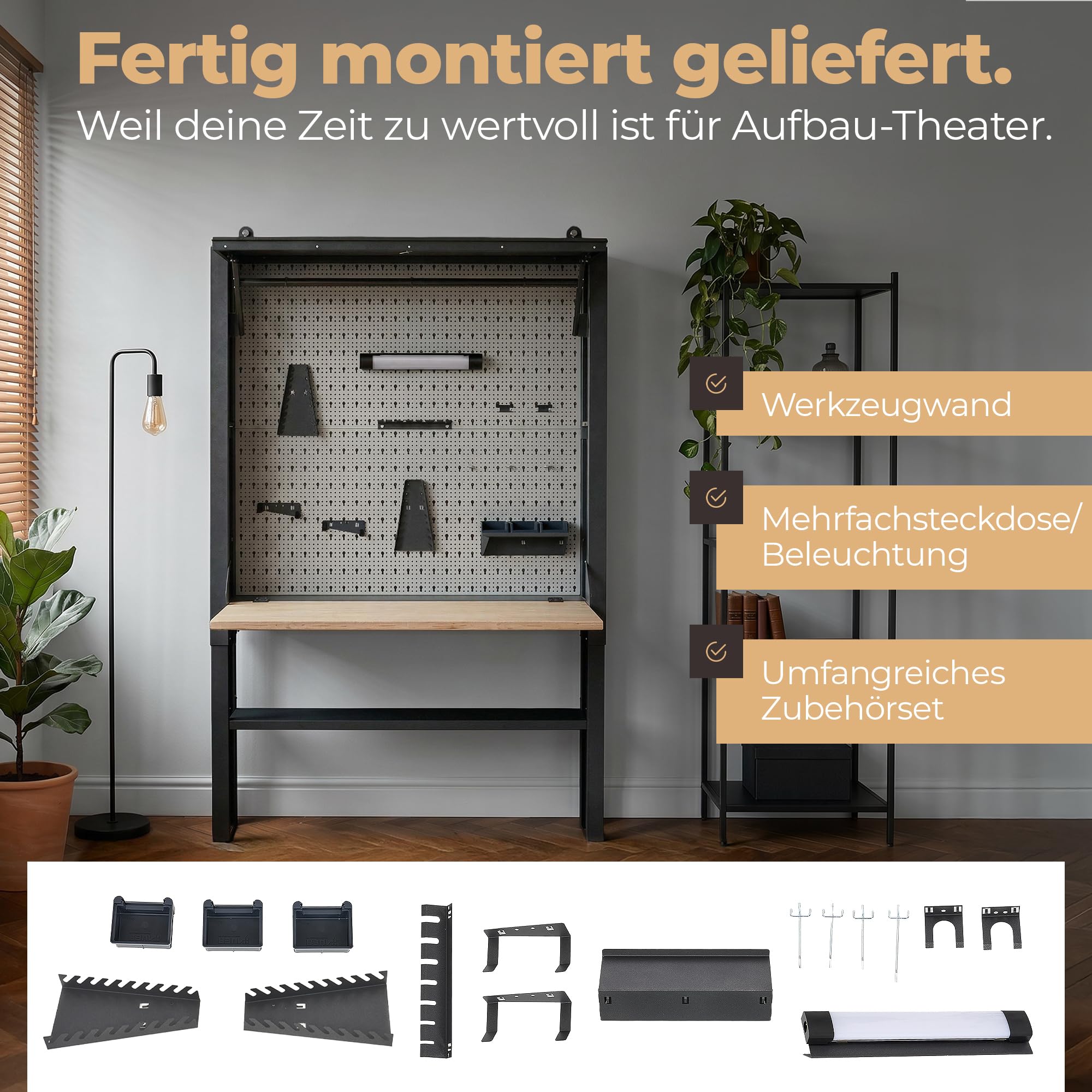 Werkbank für Werkstatt [abschließbar] 75kg Tragkraft, kompakter Arbeitstisch klappbar & höhenverstellbar, LED-Licht & Steckdosenleiste | Stahl-Werkzeugbank für smarte Werkstatteinrichtung