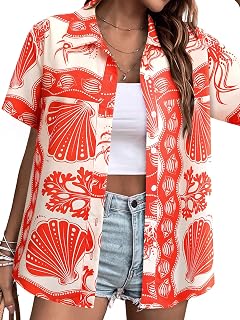 ❷⓿❷❺ Womens Hawaiian Shirt Luau Party Tropical Vacation Button Down Shirts Short Sleeve Beach Hawaii Floral Print Top