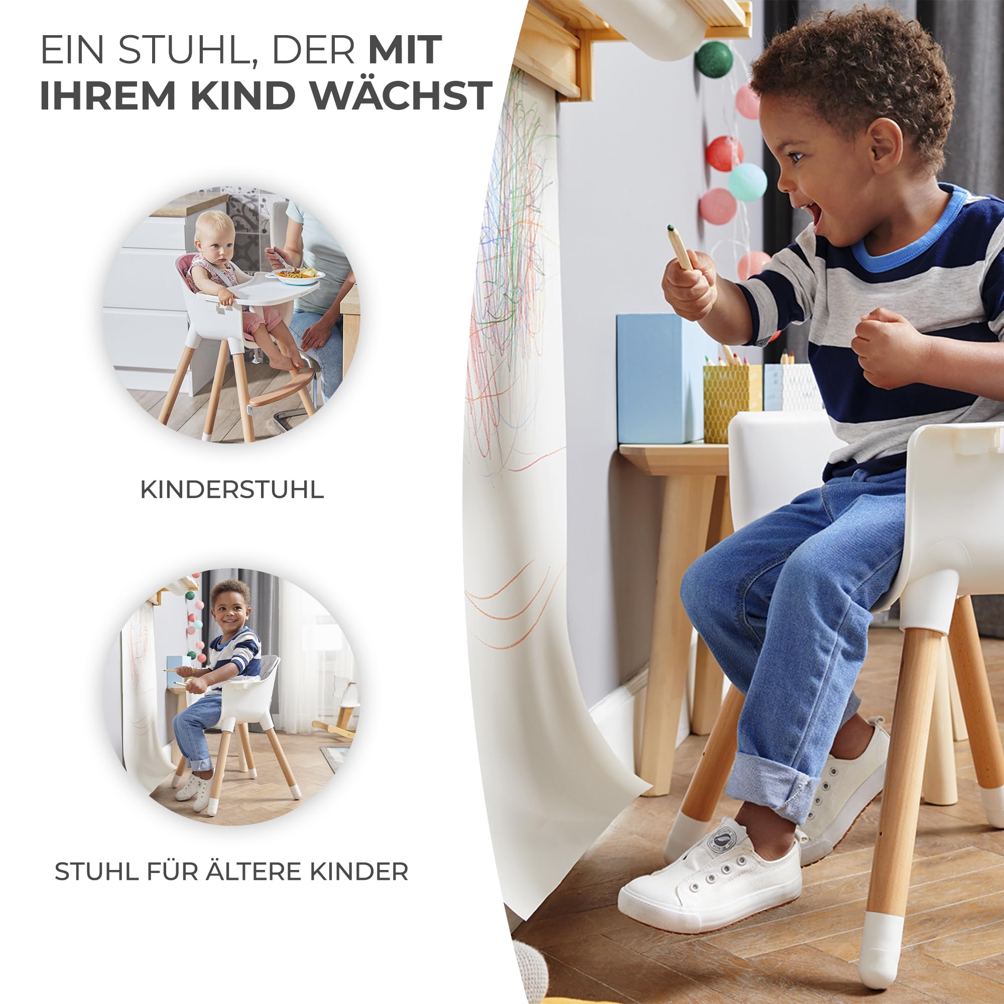 Kinderkraft Hochstuhl SIENNA 2 in 1, Kinderhochstuhl, Babystuhl, Kombihochstuhl, Beine aus Holz, 5-Punkt-Gurt, Fußstütze, abnehmbare Tablett, Rutschfeste Stuhlbeinkappen, ab 6 Monate bis 4 Jahre, Grau