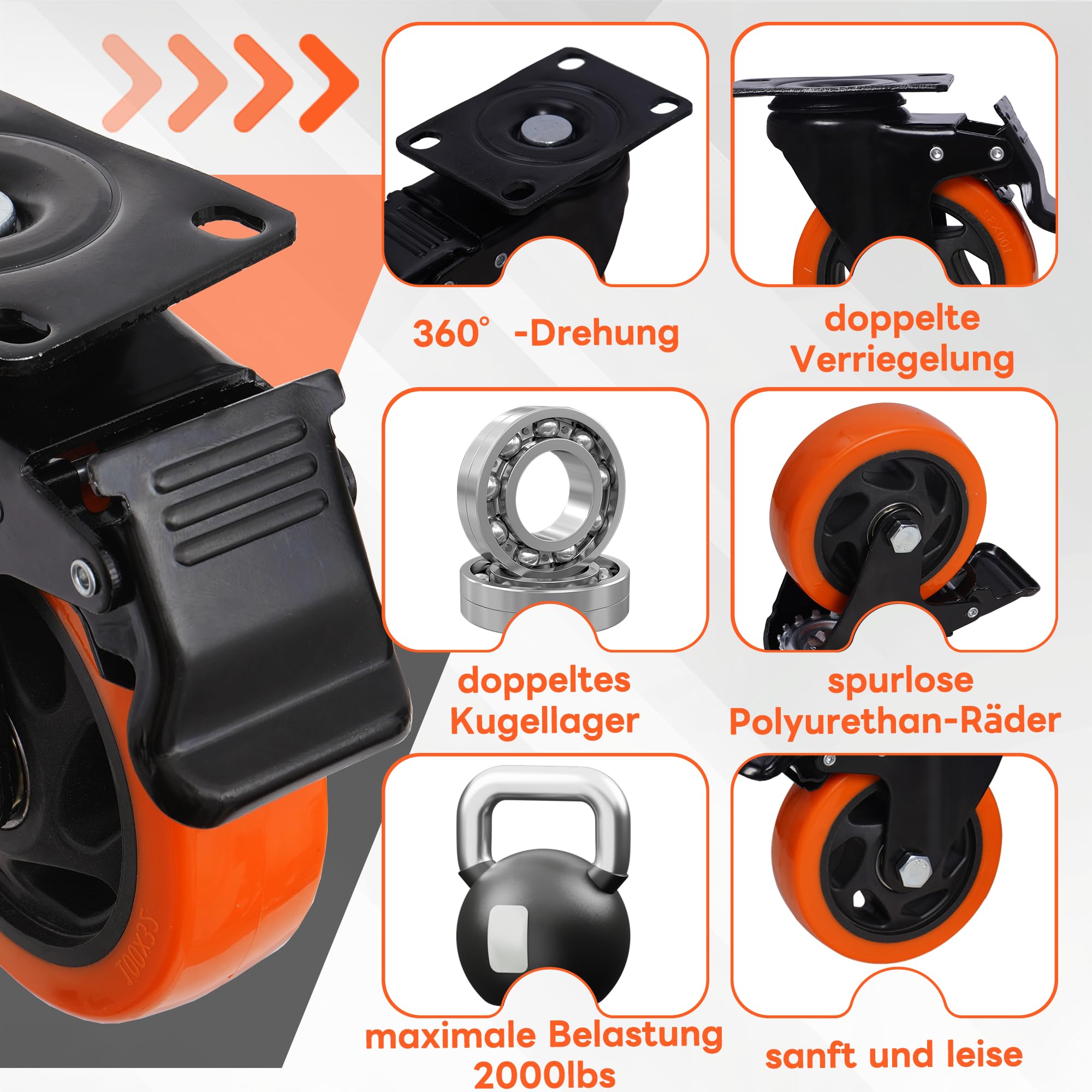 Nisorpa 4 Stück Lenkrollen 100mm mit Bremse bis 1000kg 360°Rotating Polyurethan Möbelrollen Orange Schwerlastrollen Rollen Schwerlast mit Doppeltes Schloss Transportrollen 100mm für Wagen