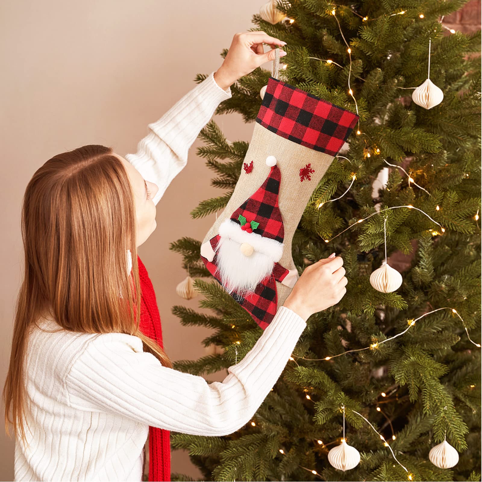 Personalisierte Weihnachtsstrümpfe Jute Große Weihnachtsstrümpfe 6Pack Rot und Schwarz Büffel Plaid Bulk für Weihnachtsbaum Dekorationen