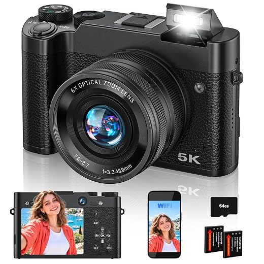 5K Digital Camera with 6X Optical Zoom,64MP WiFi Camera with 64GB Card