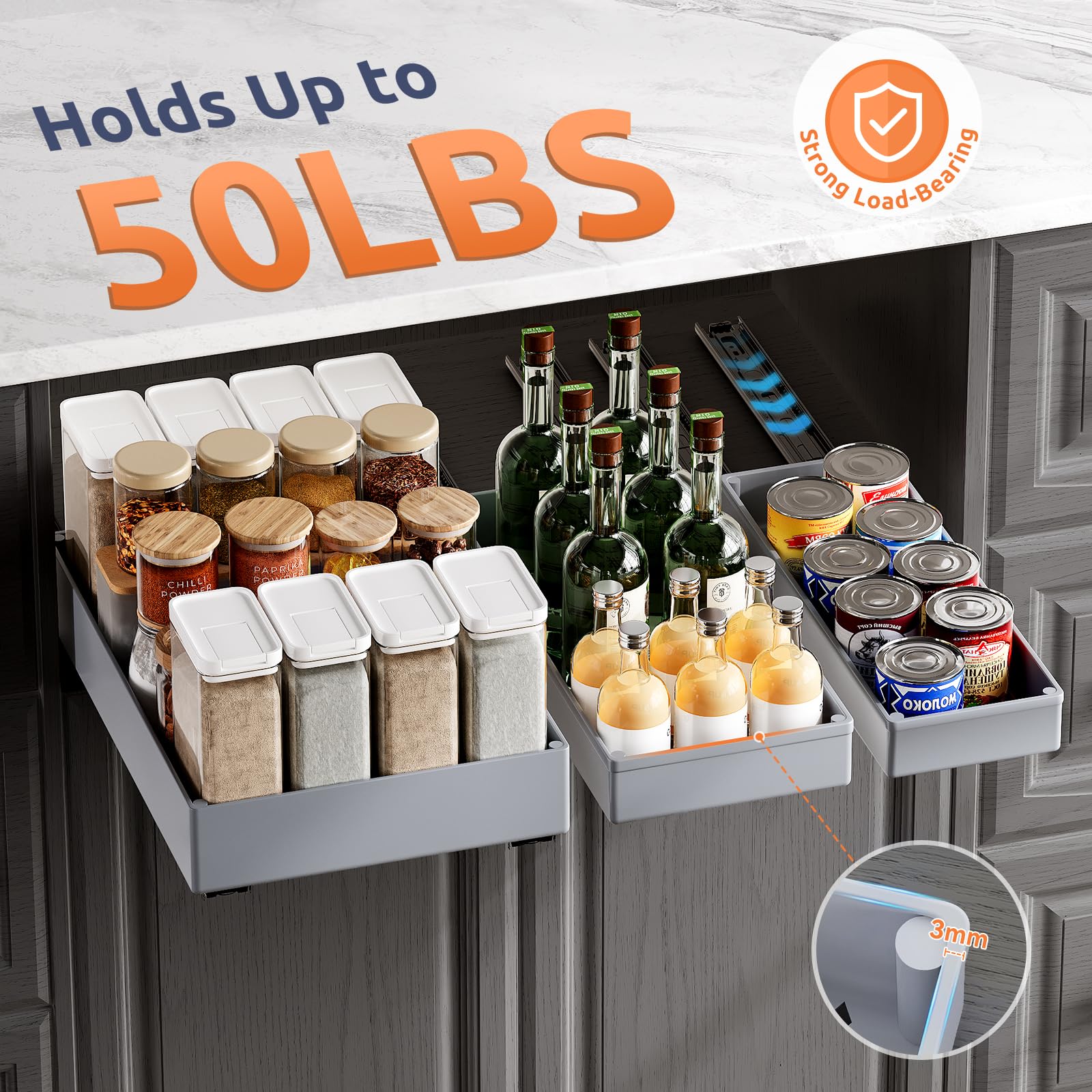 SOLEDI Ausziehbarer Schrank-Organizer, ausziehbare Schublade für Küchenschrank, kein Stanzen für Schränke, Badezimmerschrank, Organizer, Speisekammer, ausziehbare Schubladen, Regalaufbewahrung, grau,