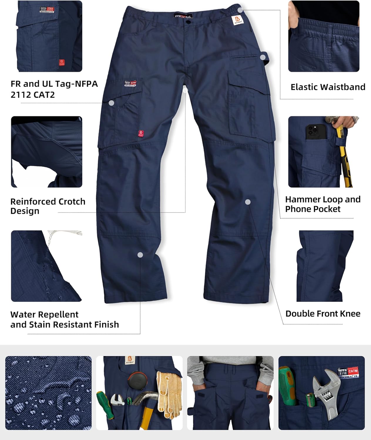 BOCOMAL FR Pants Cargo Pockets Lightweight 100% C Rip Stop Water Repellent Finish Flame Resistant Jeans Regular Fit - Image 3