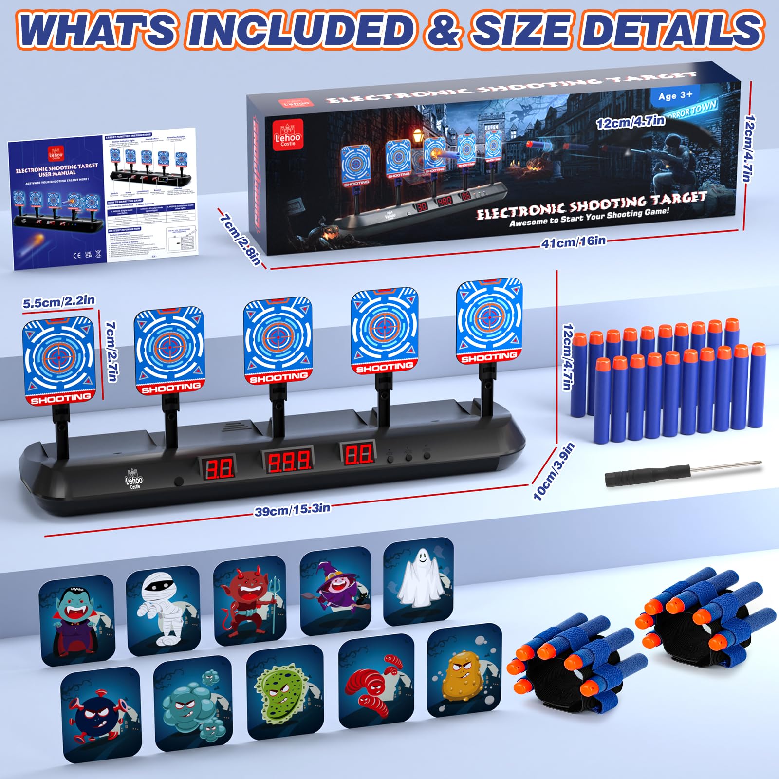 Lehoo Castle Nerf Zielscheibe, Automatische Elektrische Zielscheibe für Nerf Gun, 20 Weiche Schaumstoffdarts, Geschenke für Junge ab 3 4 5 6 7 8 9 Jahre
