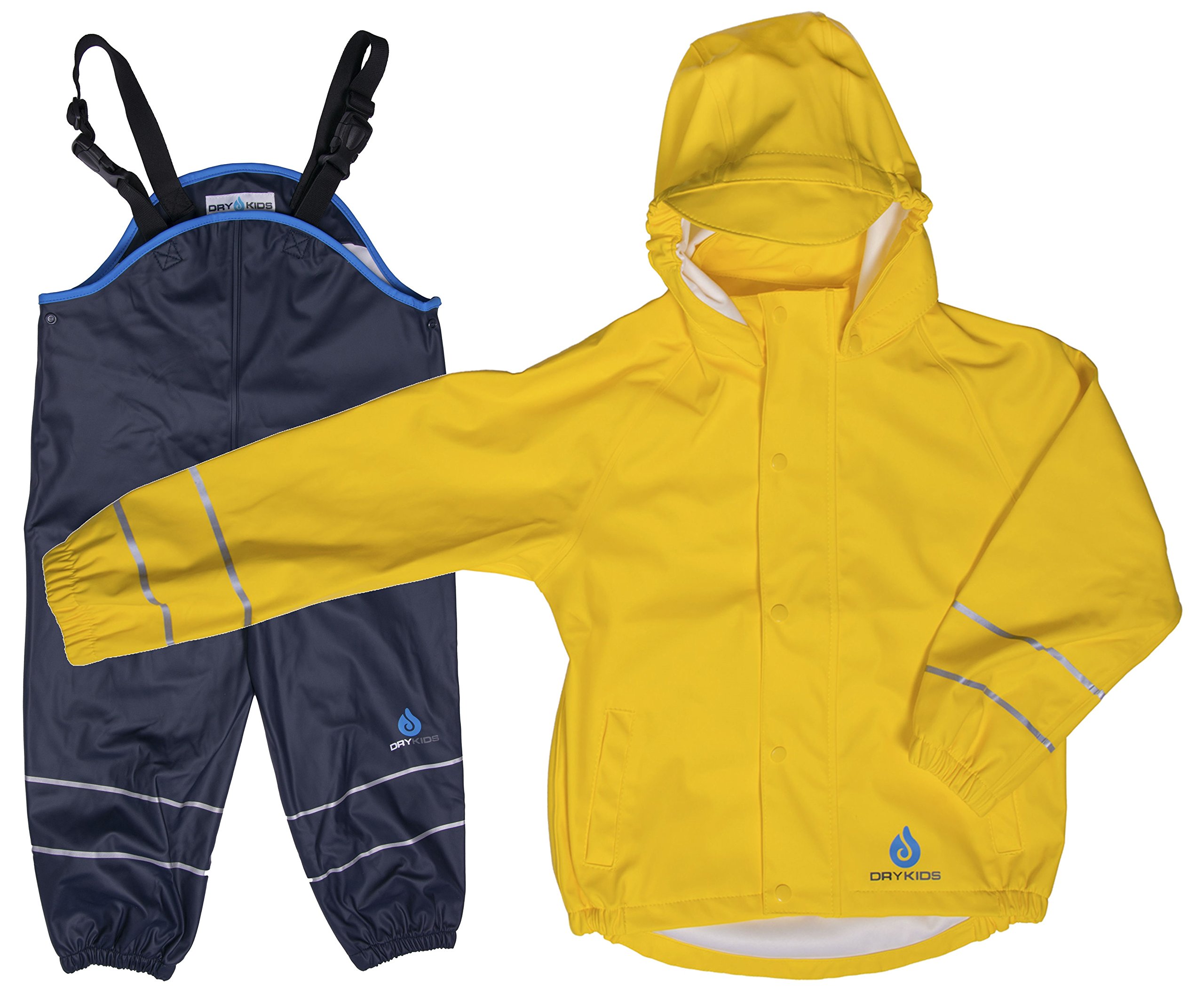 DRY KIDS Childrens PU Jacket & Dungarees set Yel/Nav 2yrs