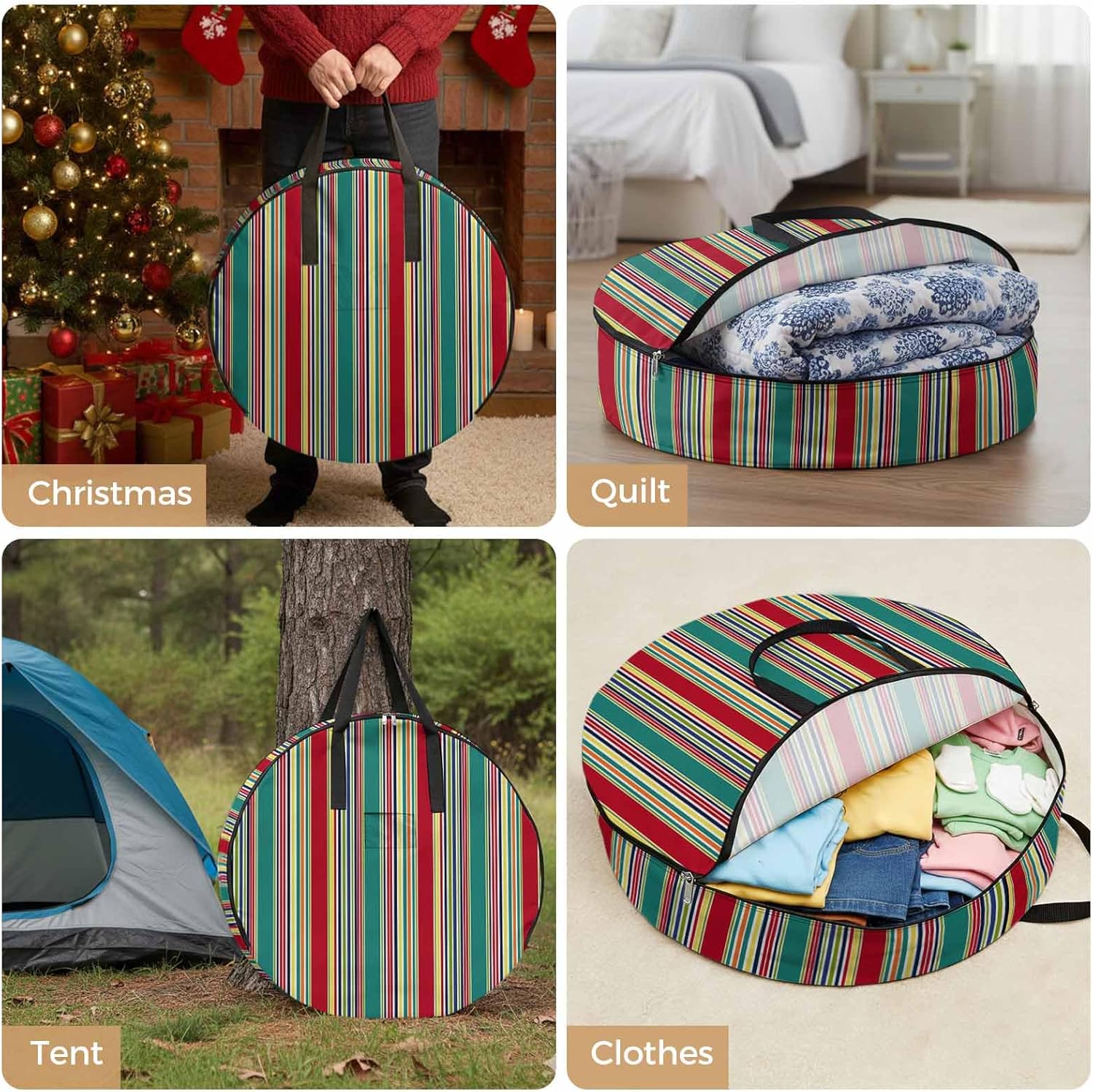 Green and Round Storage Bag 36 Inch, Red Colorful Texture Clothes Storage Container with Handles Heavy Duty Organizer for Comforter, Bedding & Holiday Wreaths