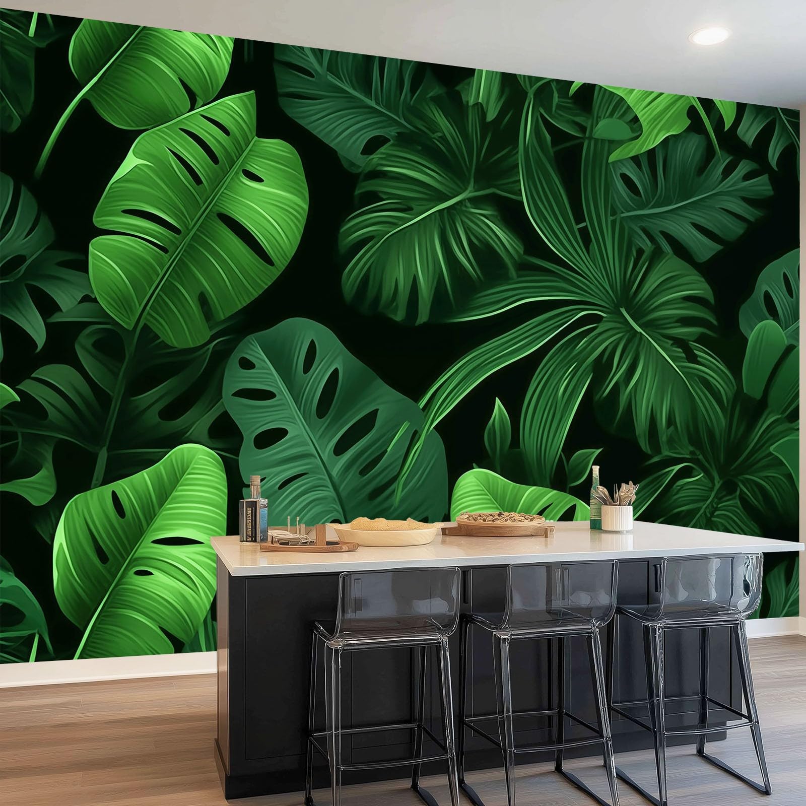 Carta Da Parati 250 x 175 cm Carta Da Parati Per Camera - Foglie Tropicali Rami Texture Progettazione del modello - Verde Nero Da Letto Parete Non Tessuto Stampa Decorazione Murale