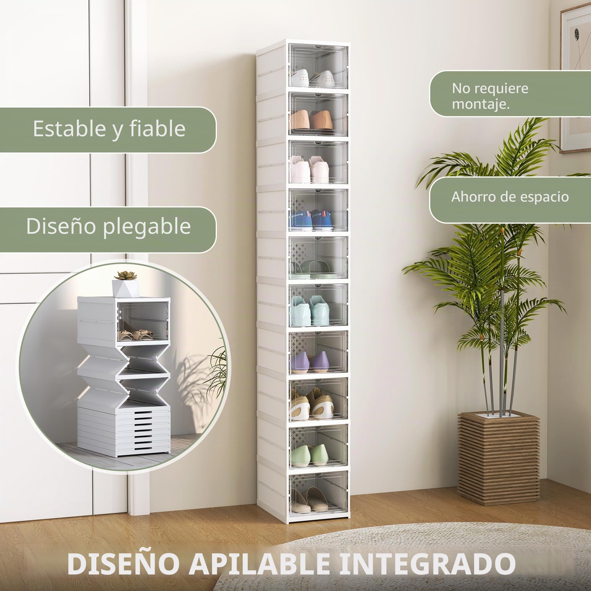 HOMCOM 10 Pack Organizador Zapatos Pleg. Plást. Talla 10 US Blanco | Sin montaje, caja apilable para zapatos, puerta transparente, ahorra espacio