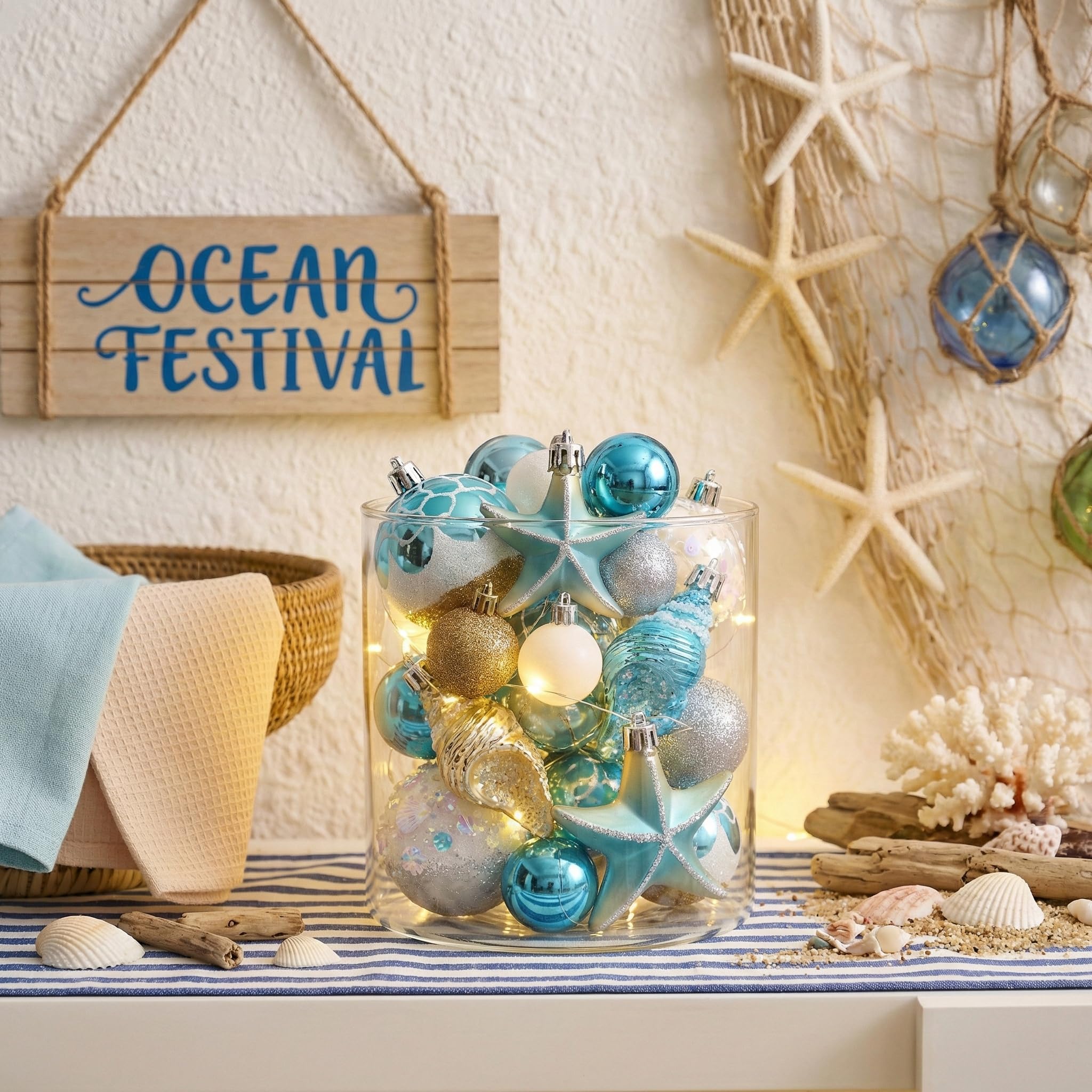 Valery Madelyn Adornos de árbol de verano, 35 unidades, inastillables, decoración náutica de playa, temática náutica, temática del océano, decoración de árbol de Navidad en julio, conchas marinas