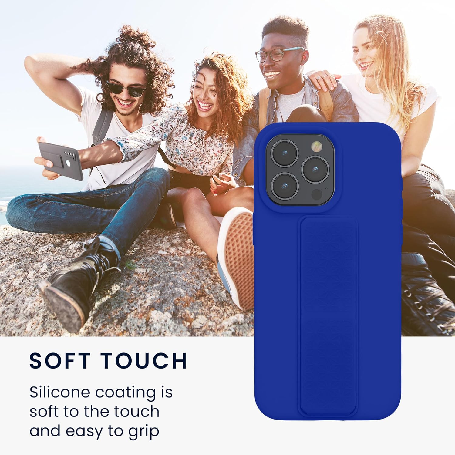 kwmobile Case Compatible with iPhone 15 Pro Max - Case with Hand Strap and Stand Soft TPU Silicone Coating - Baltic Blue - Image 5