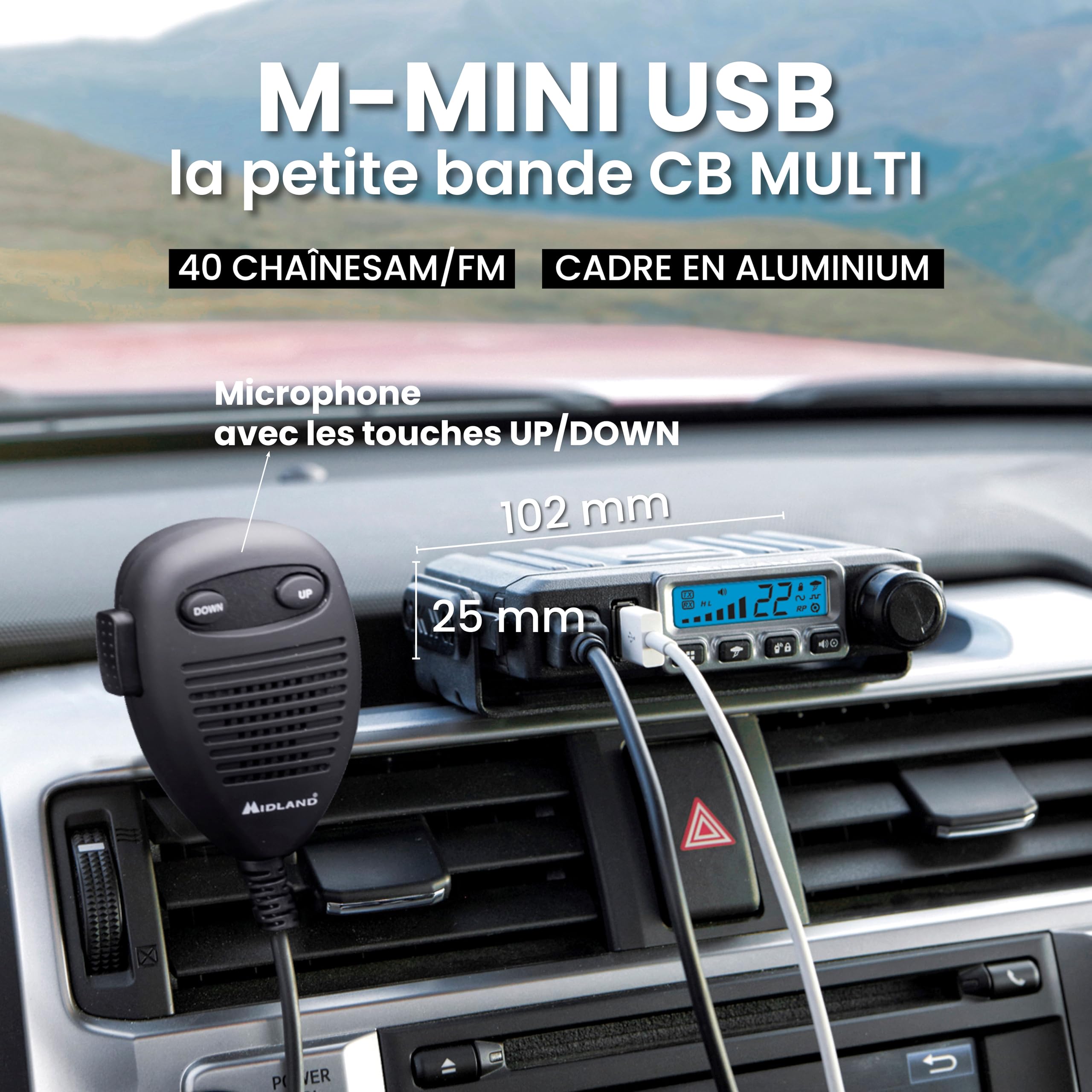 Midland - Radio CB M-MINI USB no Licence, Multibande EU 40 Canaux AM/FM, Radio Récepteur Émetteur Professionnel Écran LCD S-Meter, 2 Modes Squelch, Charge Rapide avec USB Enceinte Haut Parleur Externe
