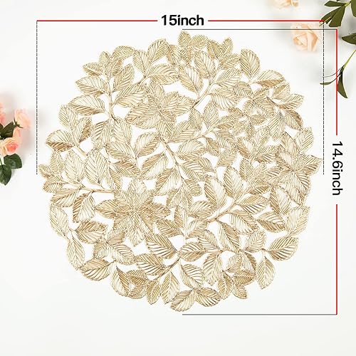 Miniatura 2 de Crisjanggo Juego de 6 manteles individuales metálicos redondos de hojas doradas, antideslizantes, lavables, para cena, fiesta, boda, centro de mesa