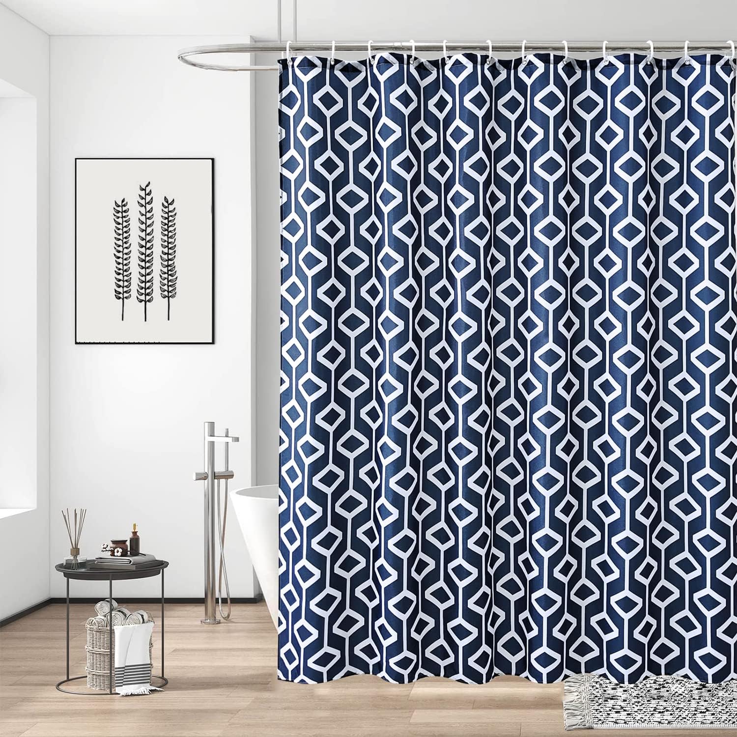 Trimming Shop Shower Curtain Polyester Fabric Bathroom Curtain With 12 Curtain Hook Waterproof Bath Curtain 180 x 180cm Long Shower Curtain Liner, Geometric Navy Blue & Teal