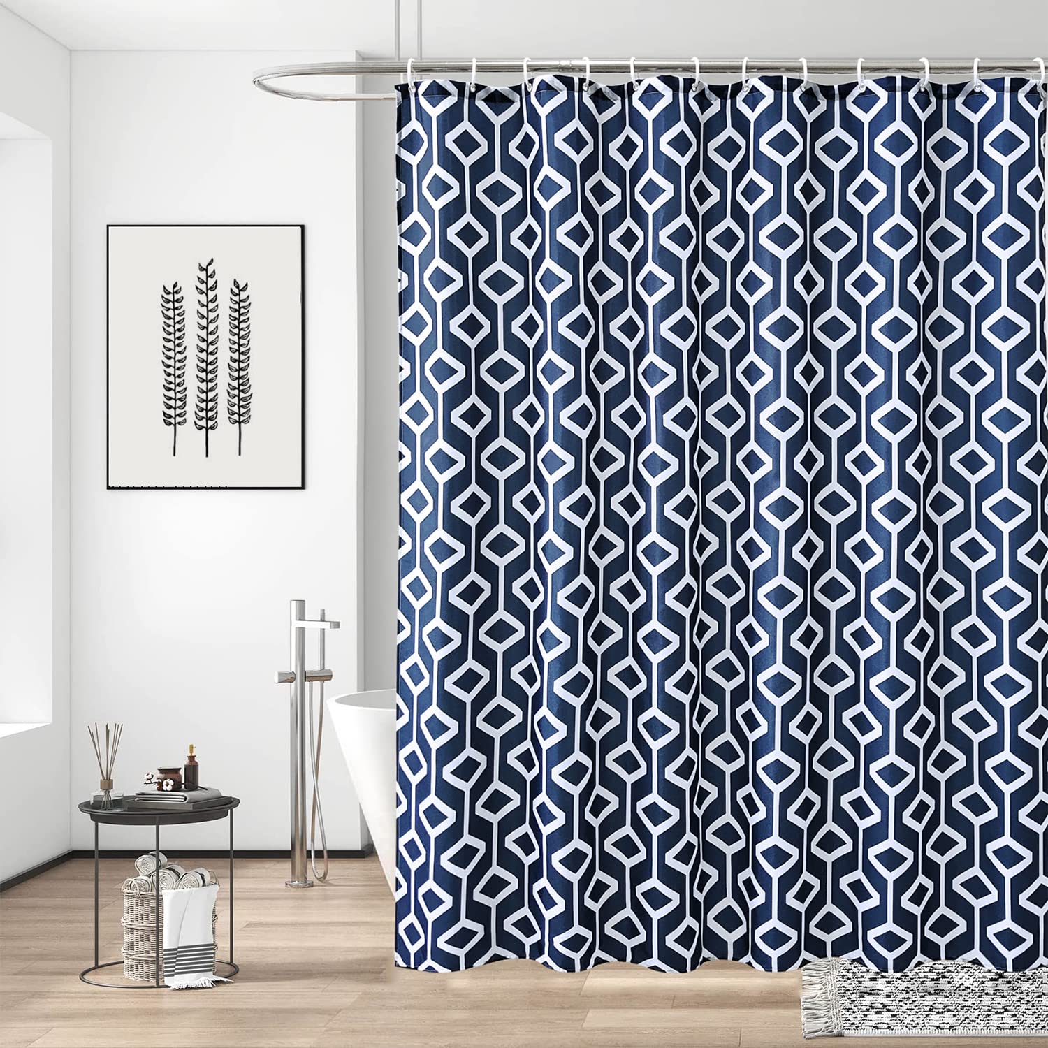 Trimming Shop Shower Curtain Polyester Fabric Bathroom Curtain with 12 Curtain Hook Waterproof Bath Curtain 180 x 200cm Long Shower Curtain Liner, Geometric Navy Blue & Teal