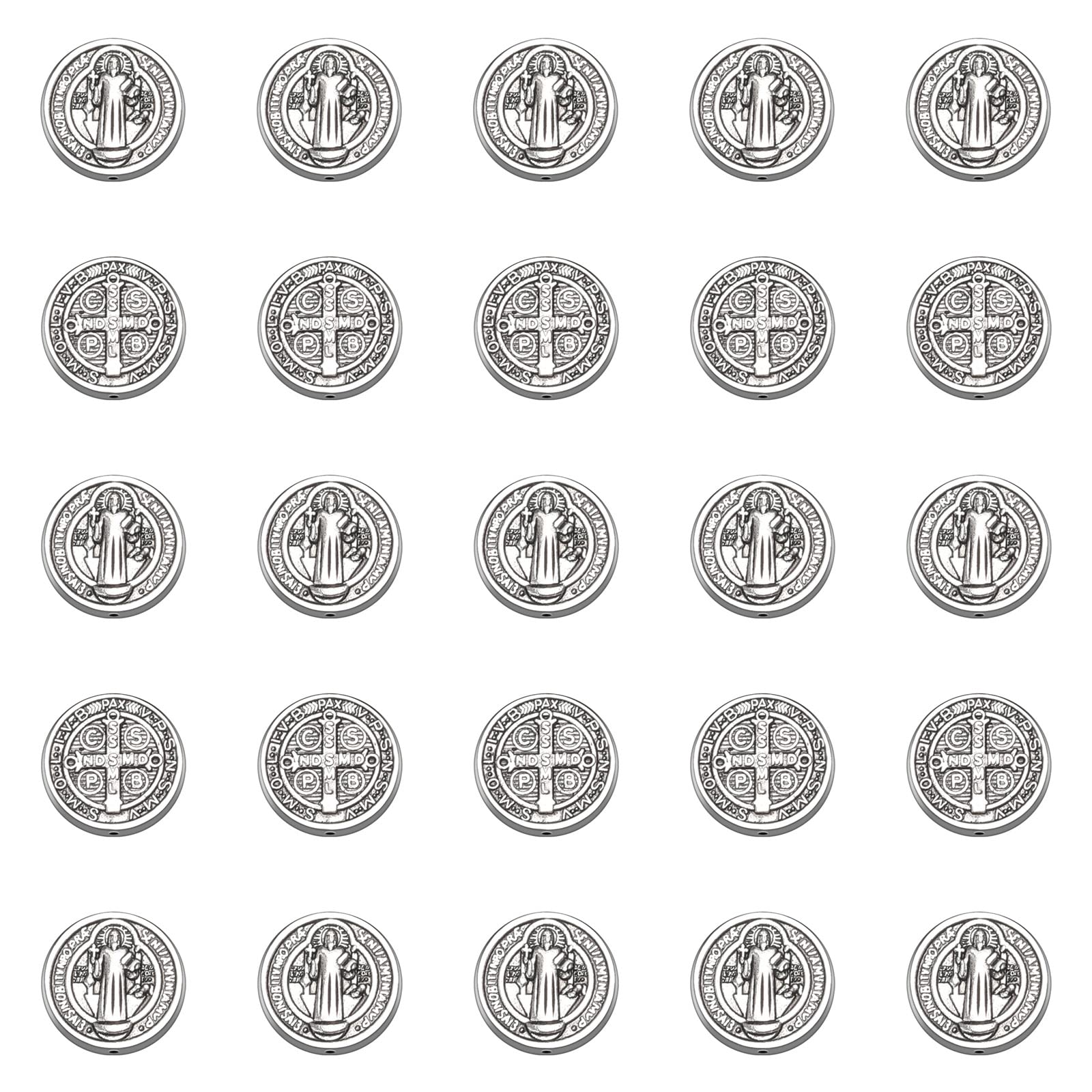 60pcs Alloy Jesus Cross Saint Benedict Medal Religious Spacer Charms Flat Round Double-Sided Loose Beads For DIY Catholic Rosary Beads Necklace Bracelet Jewelry Making