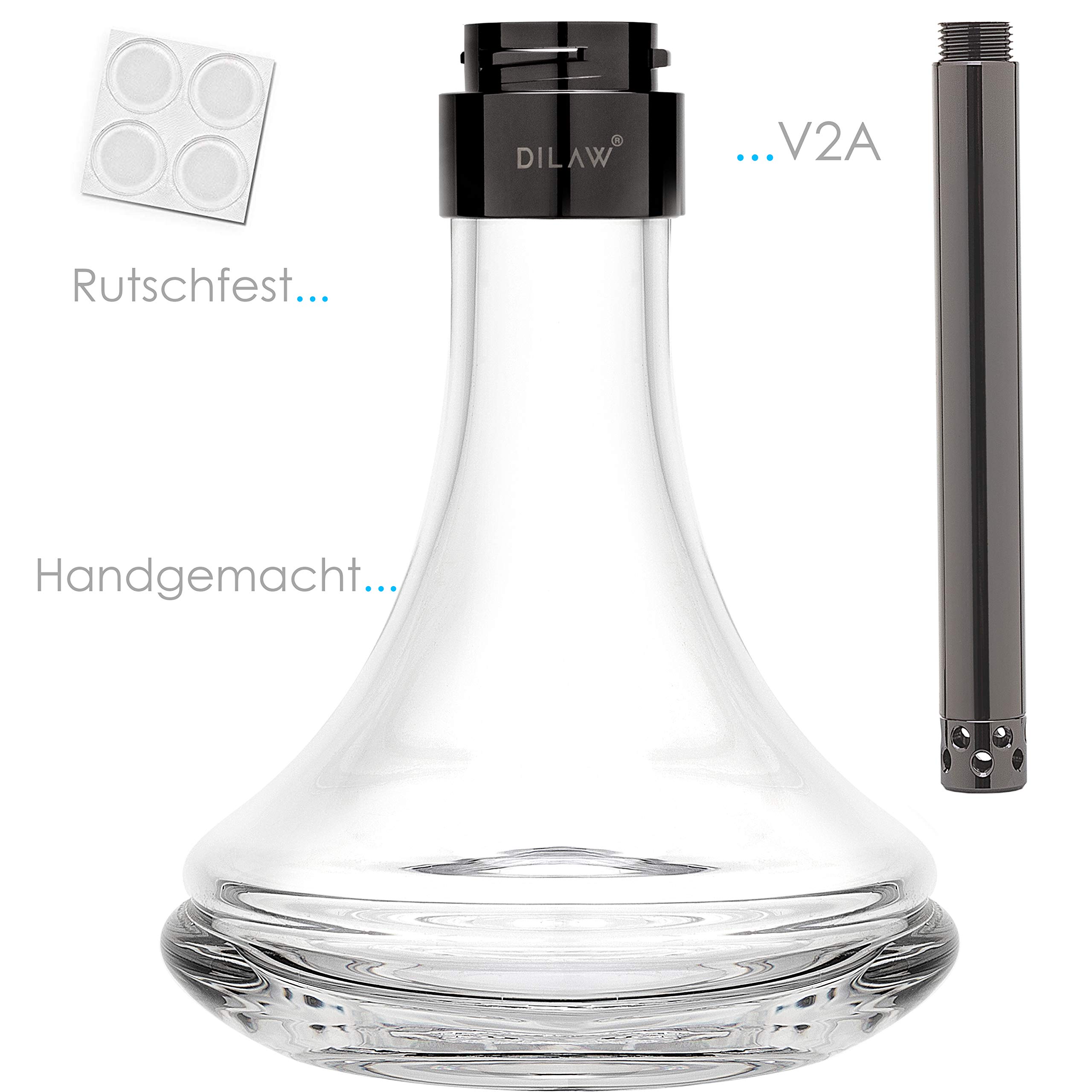DILAW Szisza kompletny zestaw Smart to go, 38 cm, ze stali nierdzewnej, mini hookah z 4 przyłączami i 4 adapterami szklanymi, w zestawie z miską, głowicą i nasadką, wężem węglowym, ustnikiem