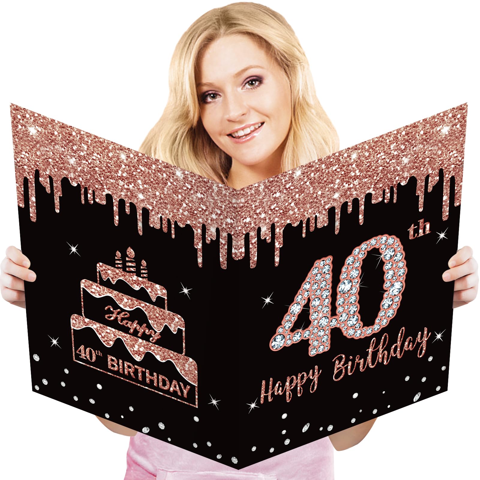Kuxriox Large 40th Birthday Card With Envelope, Extra Big Guest Book Rose Gold Happy 40th Birthday Greeting Card for Women, Giant 40th Bday Card Gifts