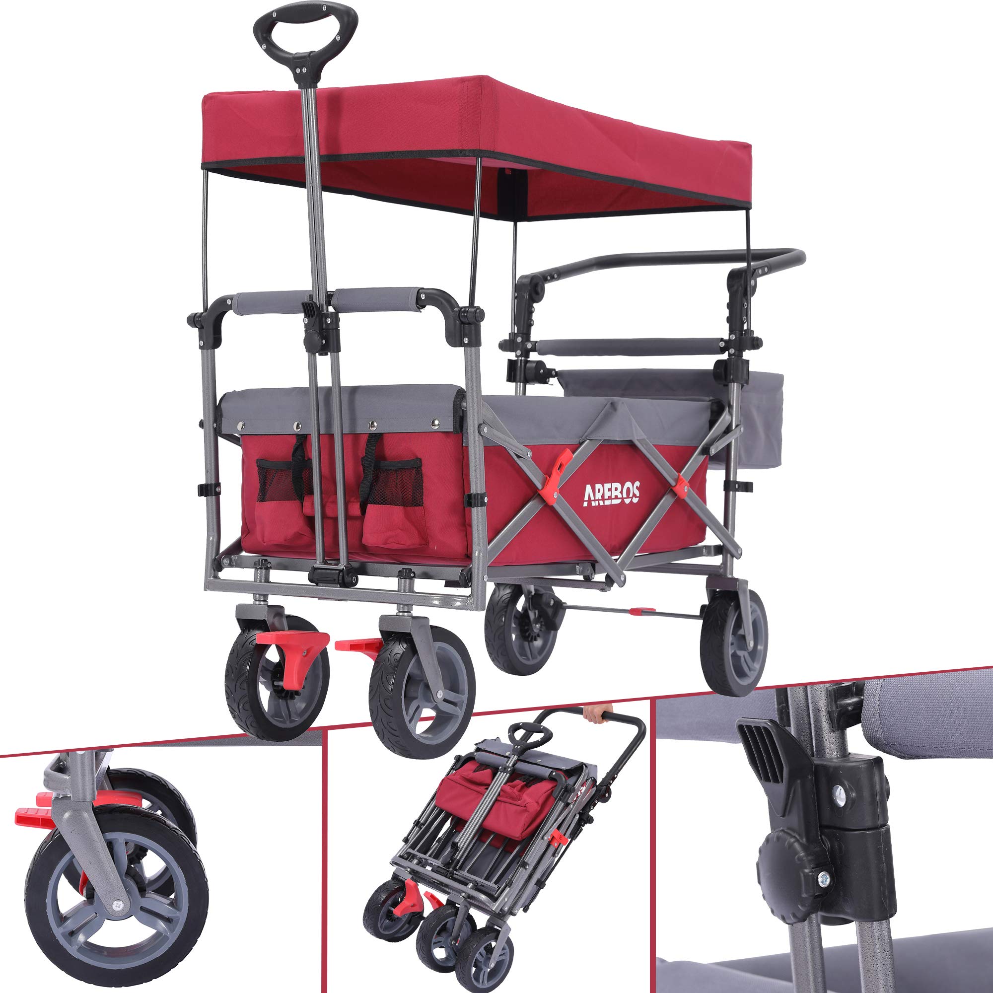 Arebos Red Handcart Premium Foldable With Roof | Transport Trolley | Up To 100 Kg | Front And Rear Brakes