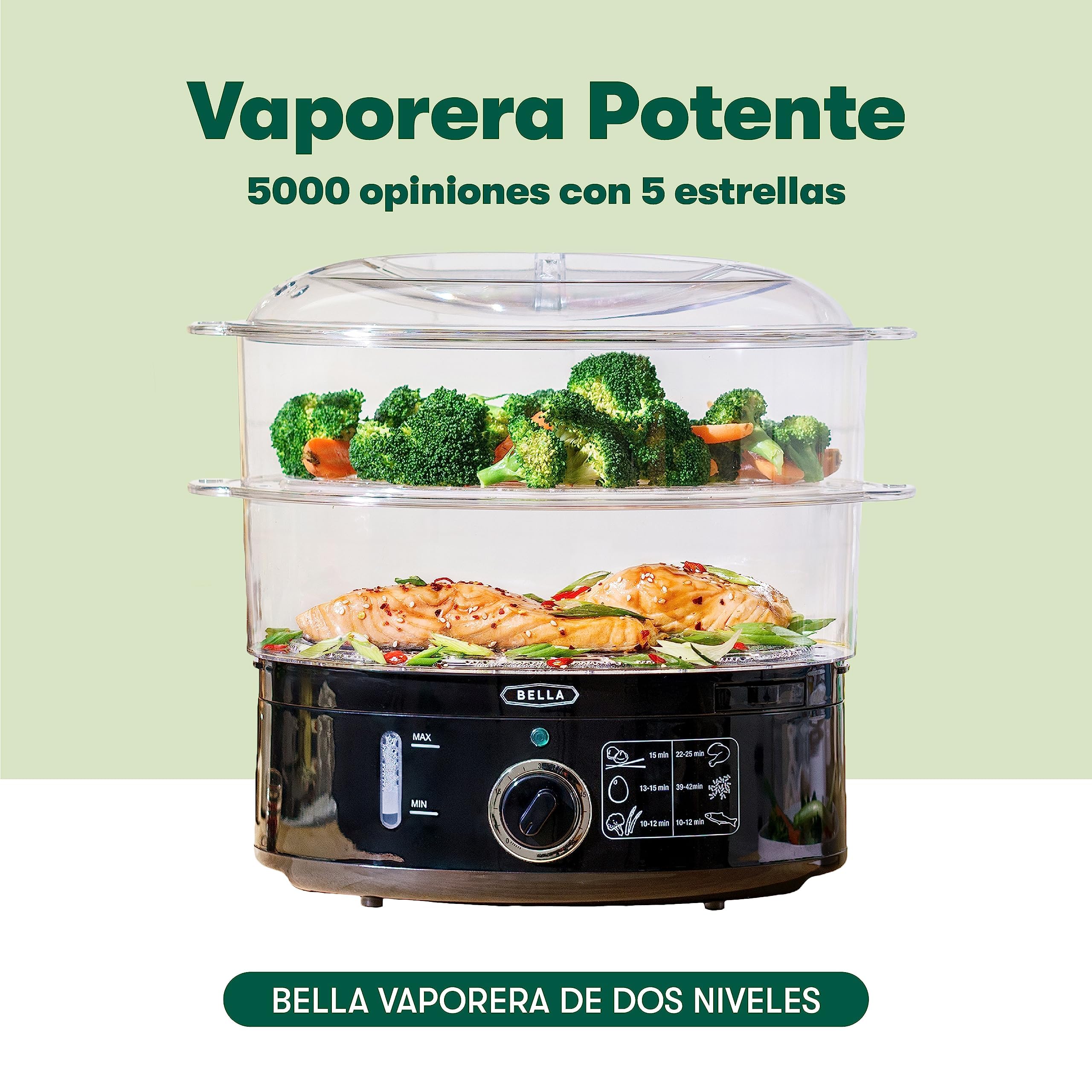 bella Vaporera de dos niveles con cestas apilables y base extraíble para una cocción rápida y simultánea. Apagado automático y protección contra ebullición en seco, 7 l, color negro.