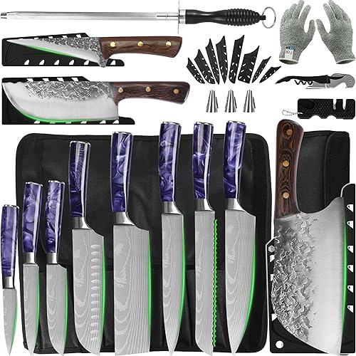Miniatura 1 de FULLHI Juego de cuchillos japoneses de acero inoxidable púrpura de 14 piezas y 3 cuchillos de carnicero con bolsa para cuchillos y funda