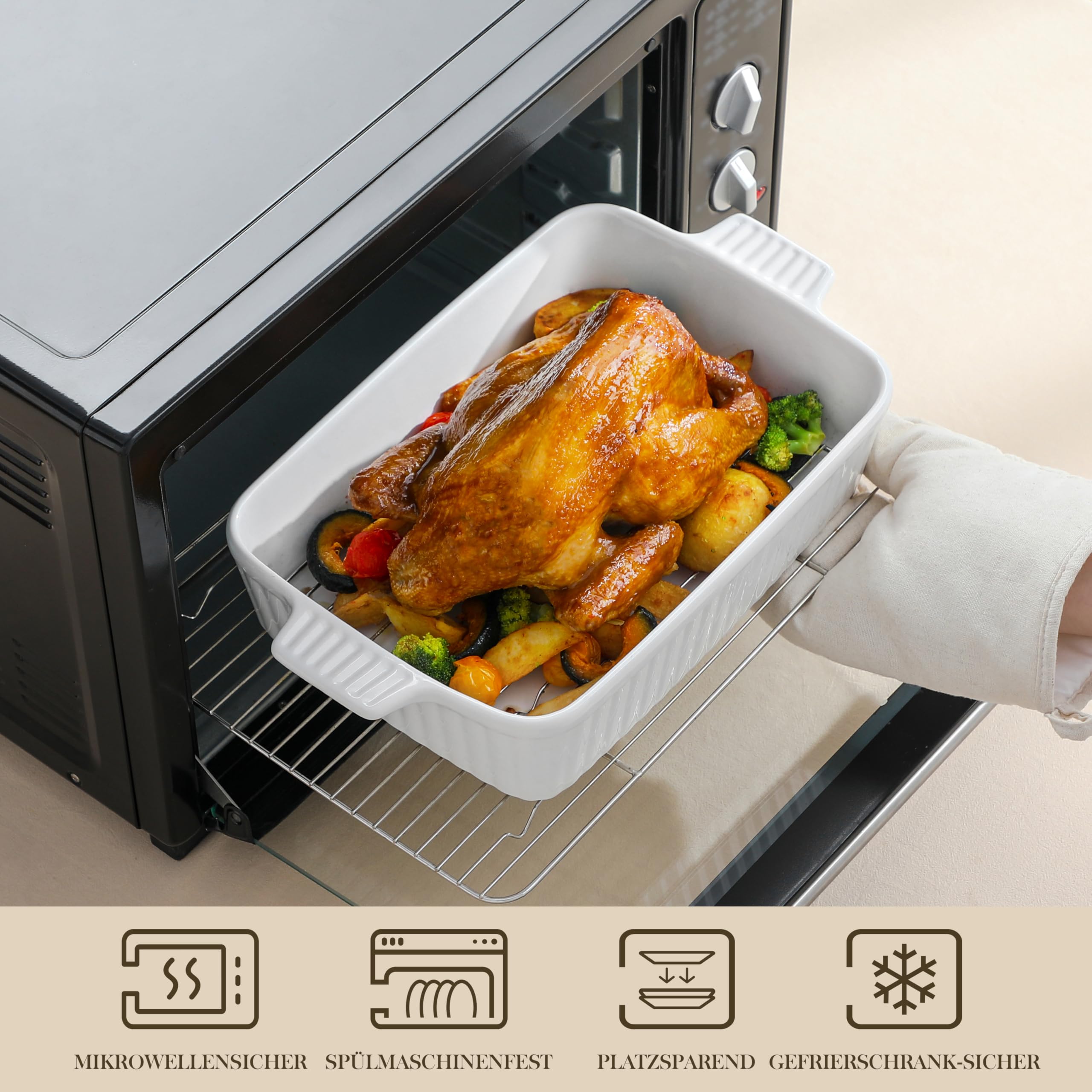MALACASA Série BAKE, Plat à Four Rectangulaire en Porcelaine avec Grille 4200ml, Grand Plat de Cuisson avec Poignées pour Gratins et Casseroles, Compatible Lave-vaisselle, Blanc