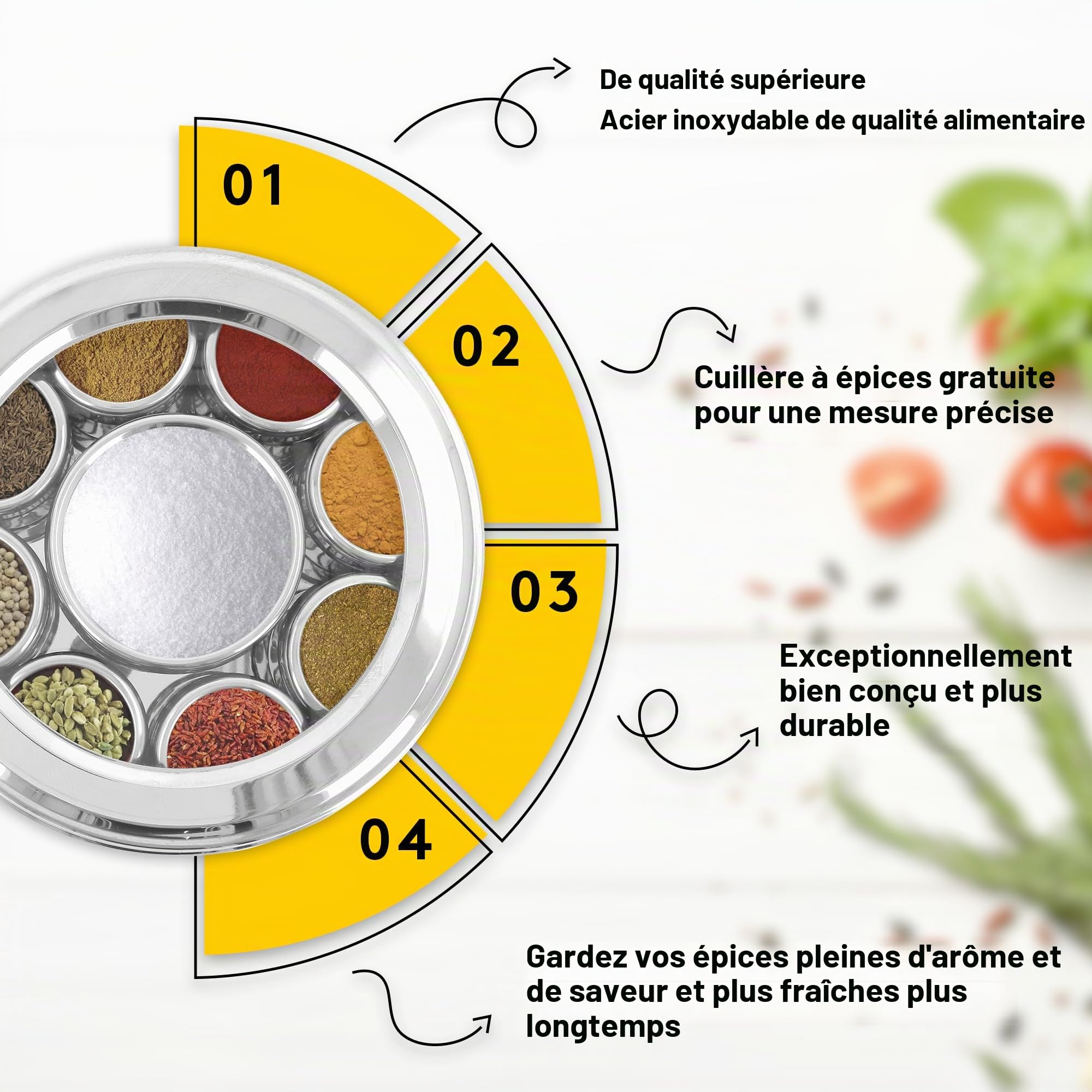 Masala Dabba Boîte à épices indienne Couvercle transpertant 9 compartiments avec couvercles individuels en acier inoxydable de qualité alimentaire avec 2 cuillères de service (22 cm, couvercle