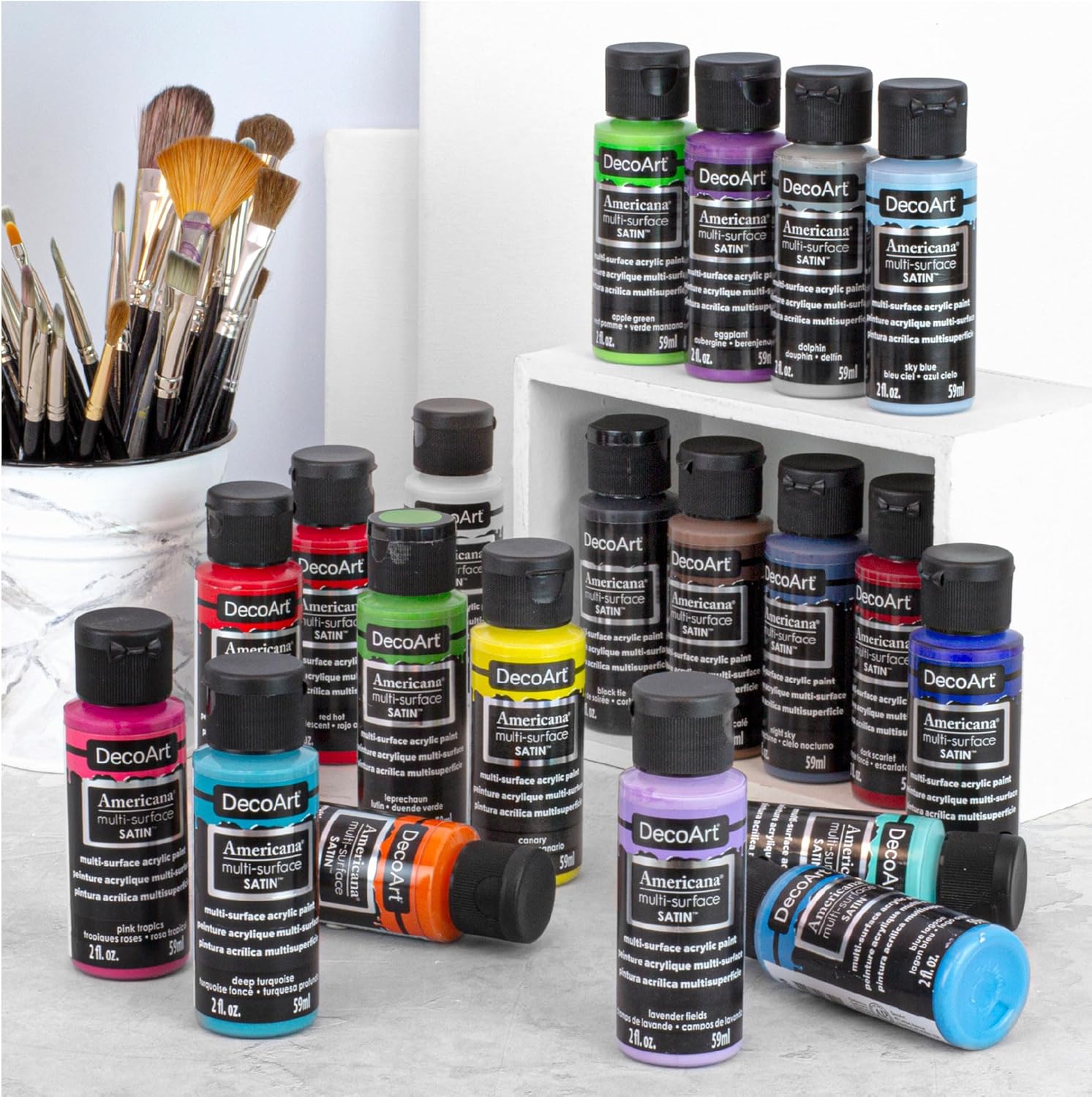 DecoArt Americana Multi-Surface Satin Acrylic Paint Set – 24 Popular Colors (2 fl oz) – Multi Surface Acrylic Paints for Wood, Glass, Metal, and more