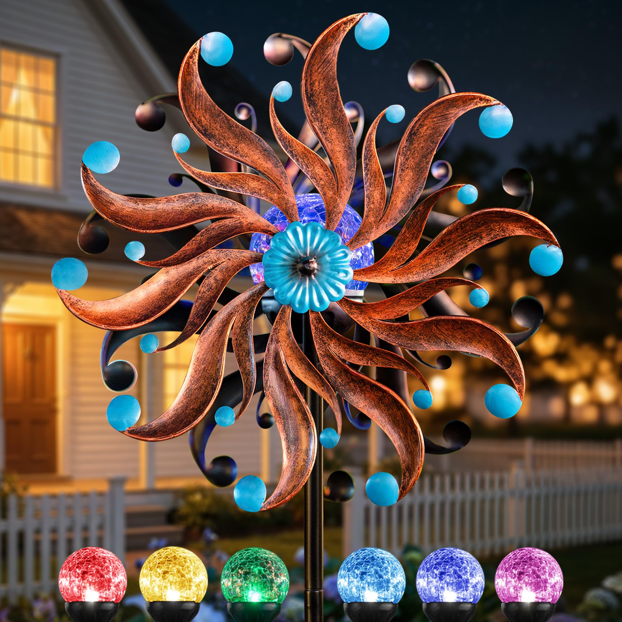 360°-Solar-Windspiel für Hof und Garten – Outdoor-Metall-Windskulpturen und Spinner, Vintage-Kupfer-Blau, kinetische Kunst mit solarbetriebenen LEDs, mehrfarbige Glaskugel-Lichter für Terrasse | Outdoor-Dekoration