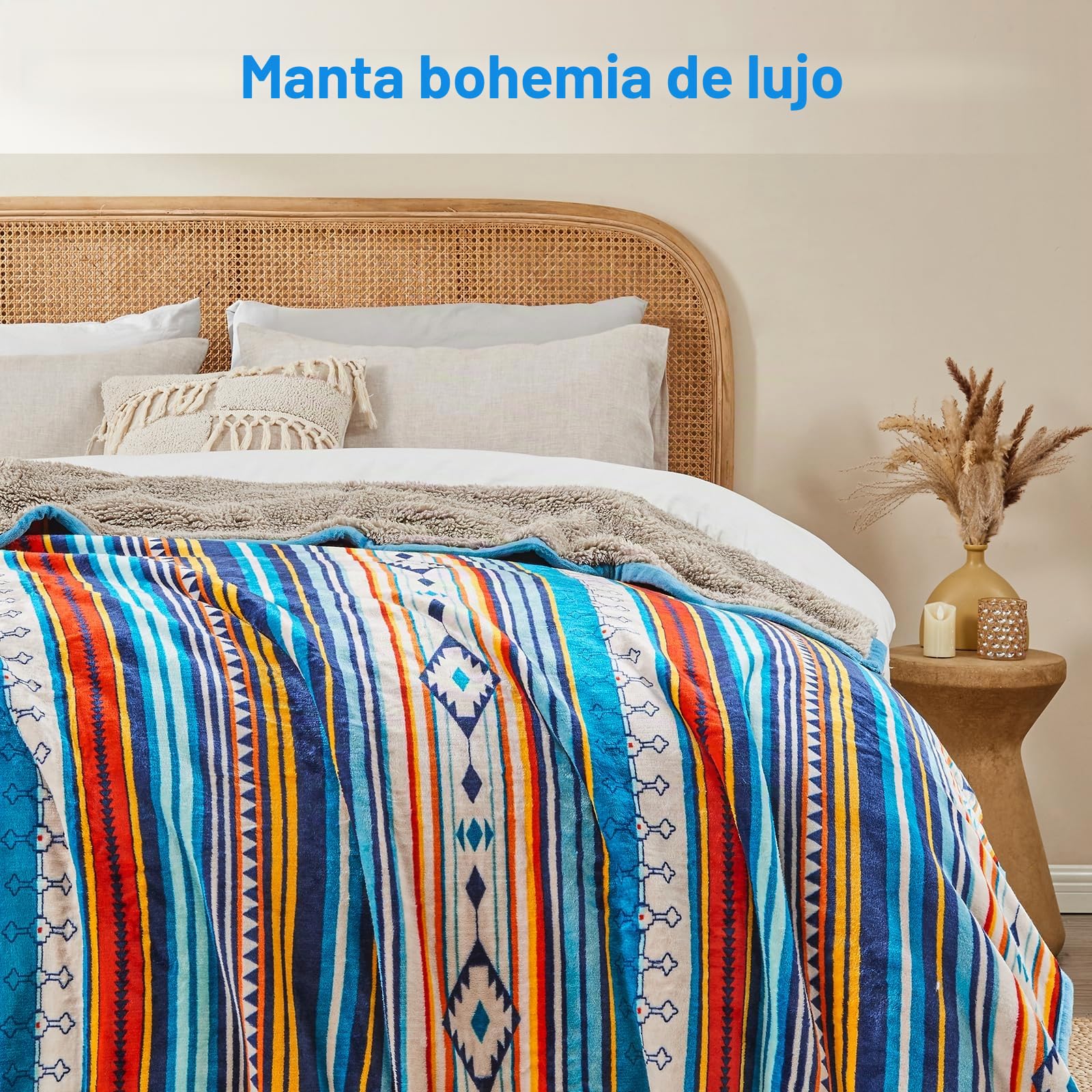 Qucover Manta de Matrimonio de Forro Polar Multicolor Estilo Boho, Cálida Manta de Sherpa, Mantas de Cama 150 Cara de Franela y Sherpa, Mantas para Sofá, Manta Polar 220x240 cm
