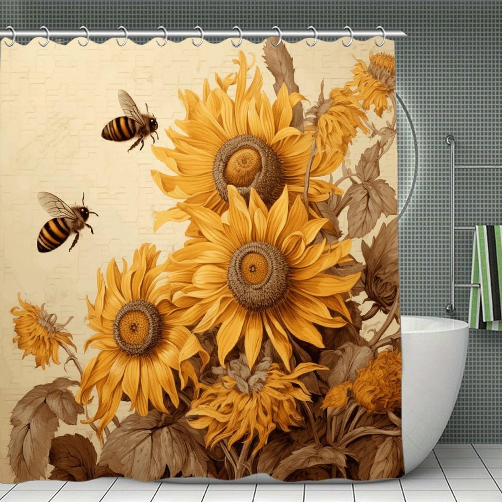 VstaDank Bees and Sunflowers on Old Paper Shower Curtain Waterproof Bathroom Shower Curtain with C Type Hooks Soft Lightweight Shower Curtains Liner Washable Polyester Cloth Shower Liner 71x71 Inch