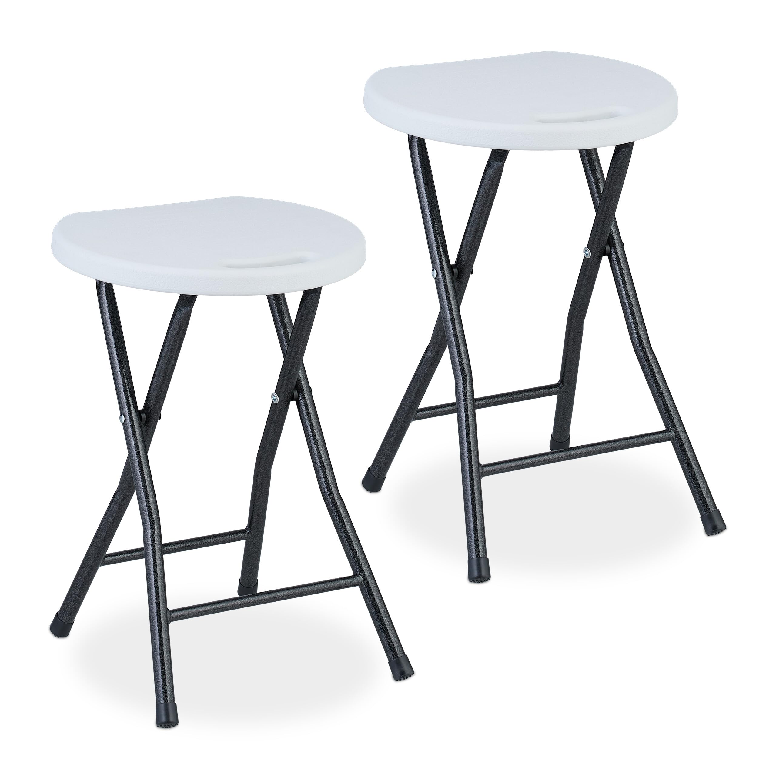 Relaxdays Folding Stool, Set of 2, with Handle, Garden & Balcony, Foldable Outdoor Seat, HxWxD: 46 x 31 x 30 cm, White