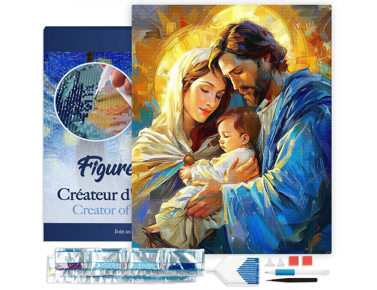 Figured'Art Diamond Painting con telaio Art 5D kit completo 40x50cm Tela già Incorniciata Interamente da Ricoprire di Diamonds Quadrati - Sacra Famiglia - Pittura Diamante