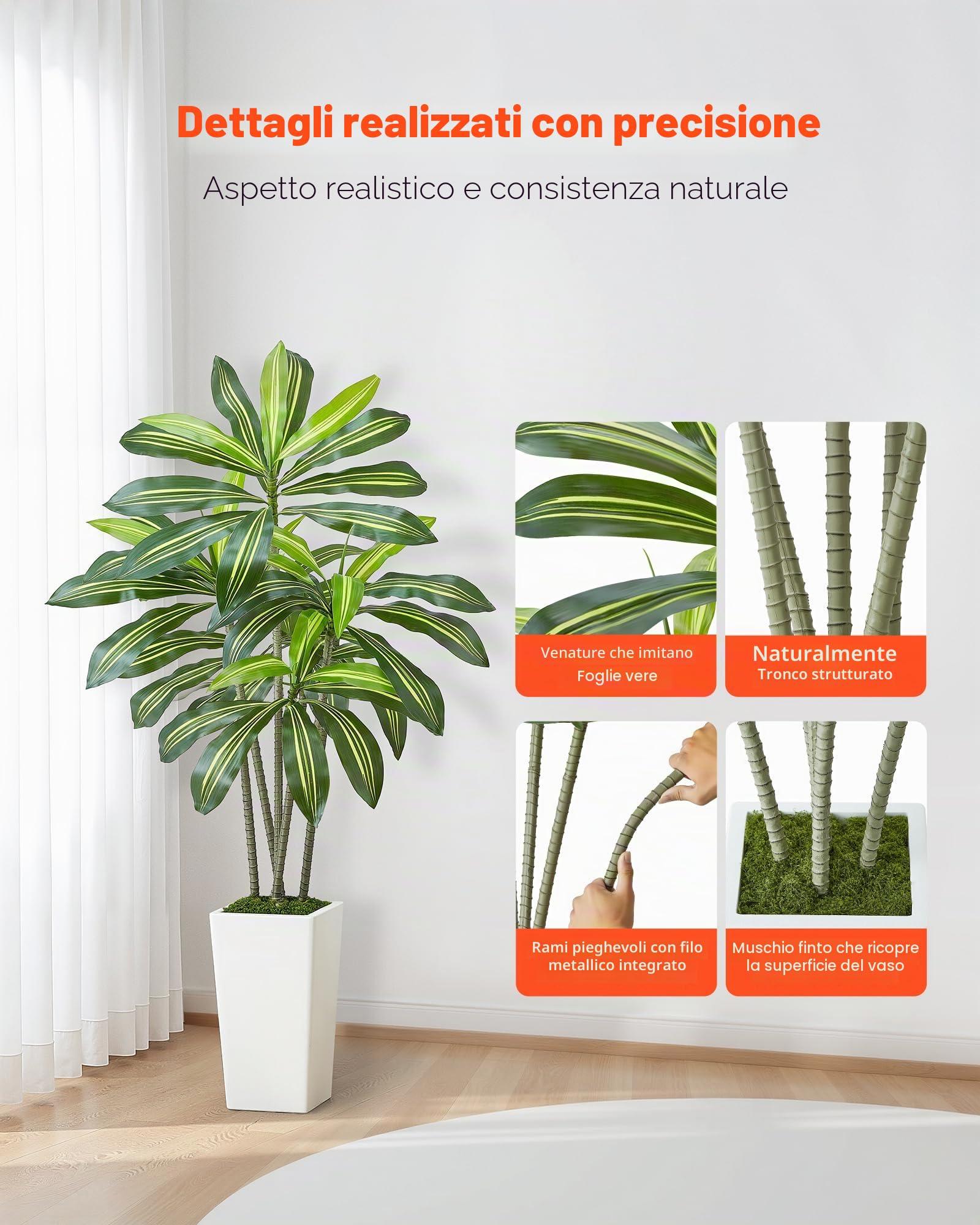 VEVOR Dracena Artificiale 1524 mm, Palma Tropicale Finta con Vaso Alto Bianco, Pianta Finta in Seta da Pavimento in Vaso, Grandi Alberi per Casa, Ufficio, Soggiorno, Decorazione Interna ed Esterna
