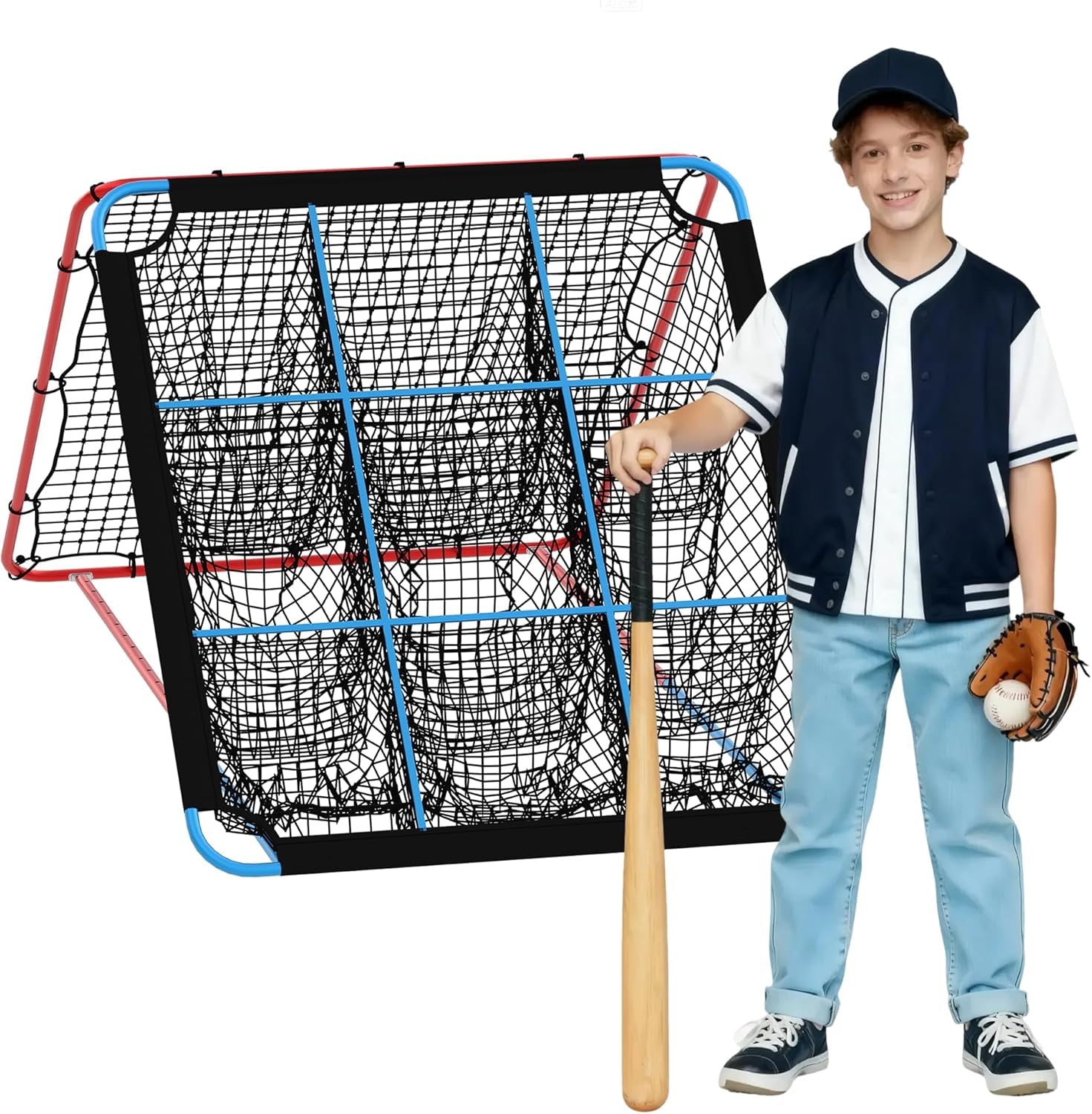GarveeHome Baseball Rebounder Netz, Fielding Trainer mit 9 Taschen Ziel mit Einstellbaren Winkeln, Mehrwinkel-Trainingsnetz für Fußball, Volleyball, Basketball, Lacrosse und mehr
