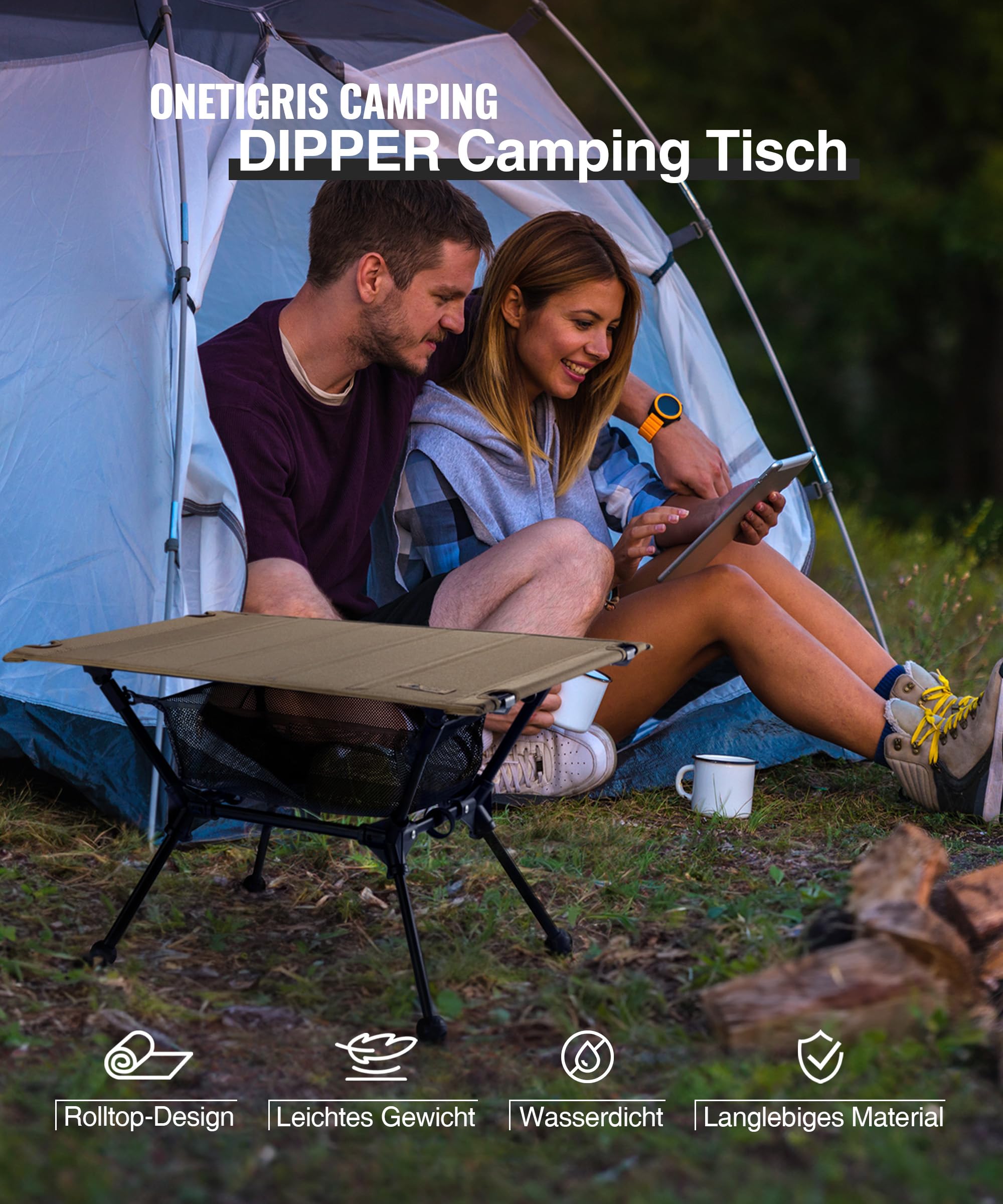 OneTigris Dipper faltbar Campingtisch klappbar, Camping Tisch Klapptisch mit Tragetasche und Netztasche, Kleiner Tisch Outdoor Ultraleicht für Angeln Wandern 60 x 40 x 37 cm