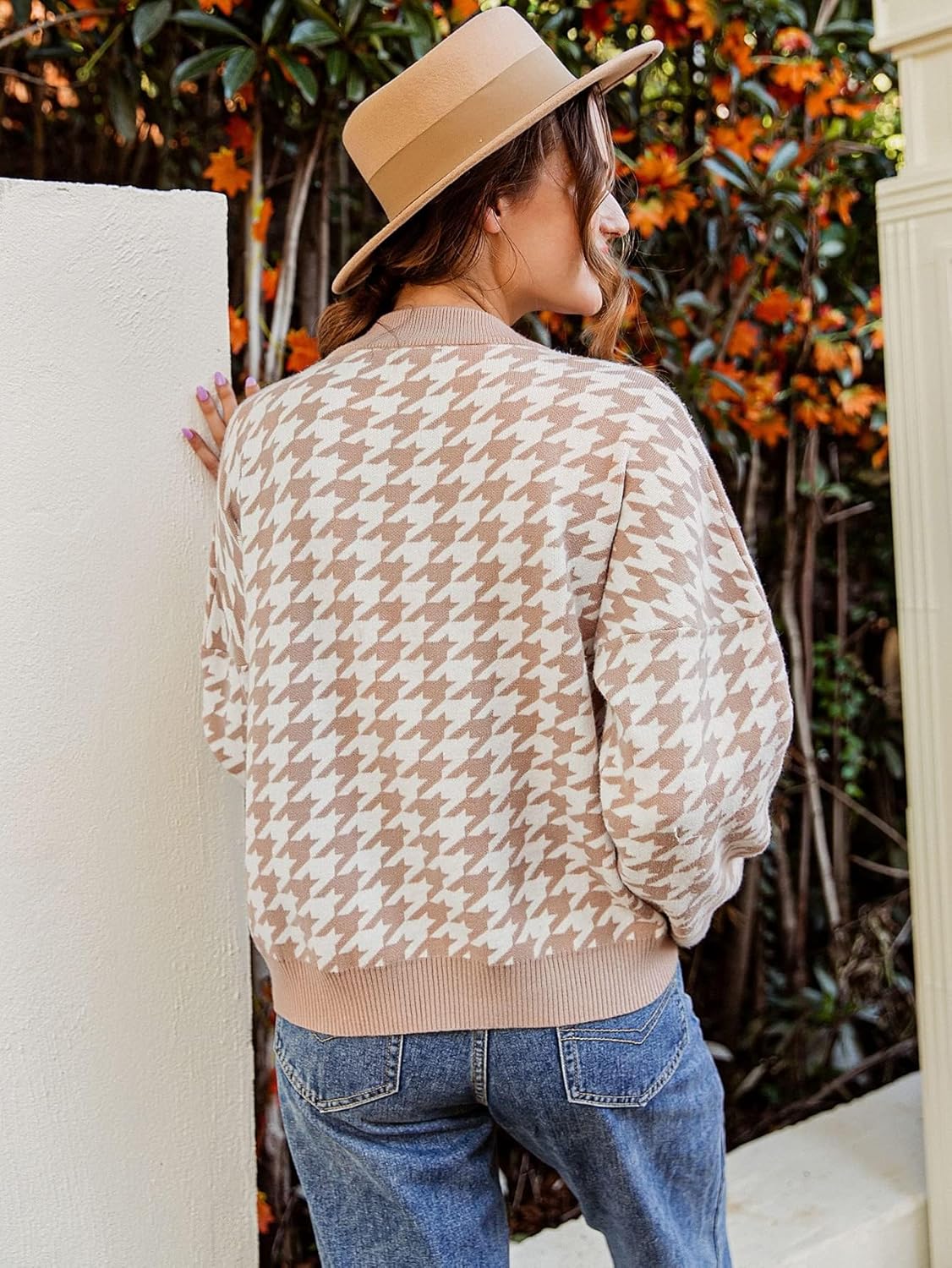 Women's Sweater Drop Shoulder Houndstooth Pattern Sweater Sweater for Women