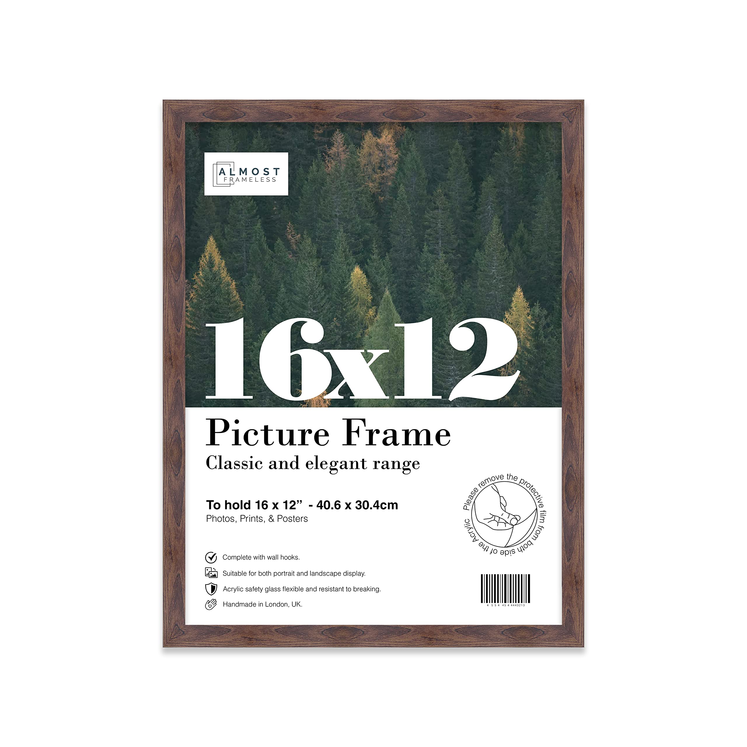 Almost Frameless 16x12 Walnut Picture Frame 16"x12"(40.6x30.5cm) Poster, Photo, Artwork, or Print. Thin Edge Slim Frame Portrait and Landscape Display with Wall Hooks