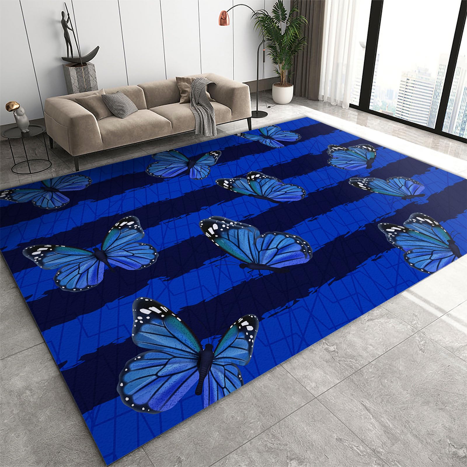 FIEMAR Area Rug 80x150cm Indoor-Outdoor Area Rug, Navy Blue Butterfly Stripes Print Modern Rugs, Bohemian Farmhouse Rustic Carpet Machine Washable Non Slip Low Pile for Dorm Office Living Room — image 1