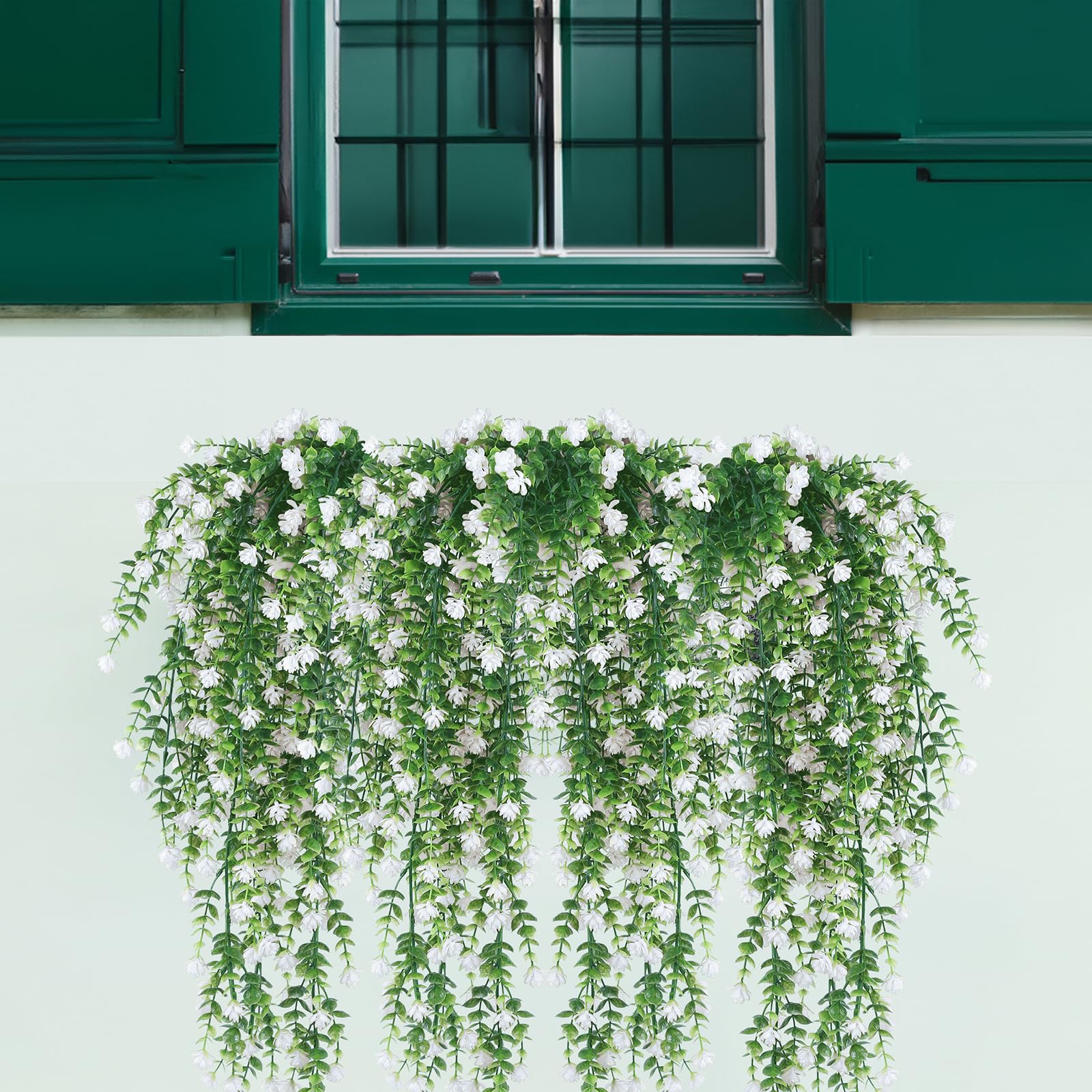 HBell 2Pcs Artificial Hanging Flowers,UV-Resistant Fake Hanging Plants Flower Bouquet Hanging Vine Plants Drooping Plants for Wall Home Garden Yard Patio Wedding Indoor Outdoor Decoration (White) - Image 4