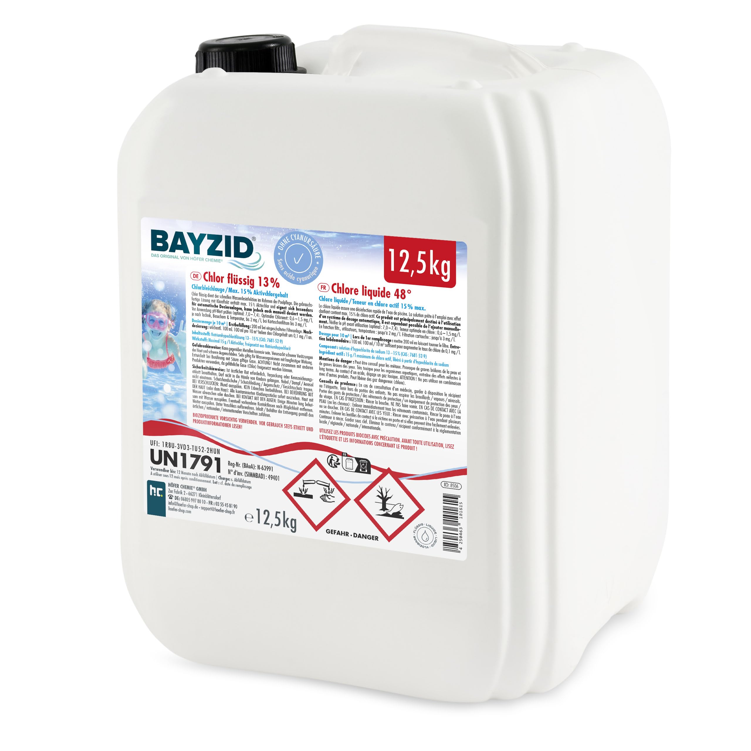 Höfer Chemie 12,5 kg Pool Flüssigchlor BAYZID - mit 13 bis 15% Aktivchlorgehalt zur Poolpflege und Wasserdesinfektion - Made in Germany