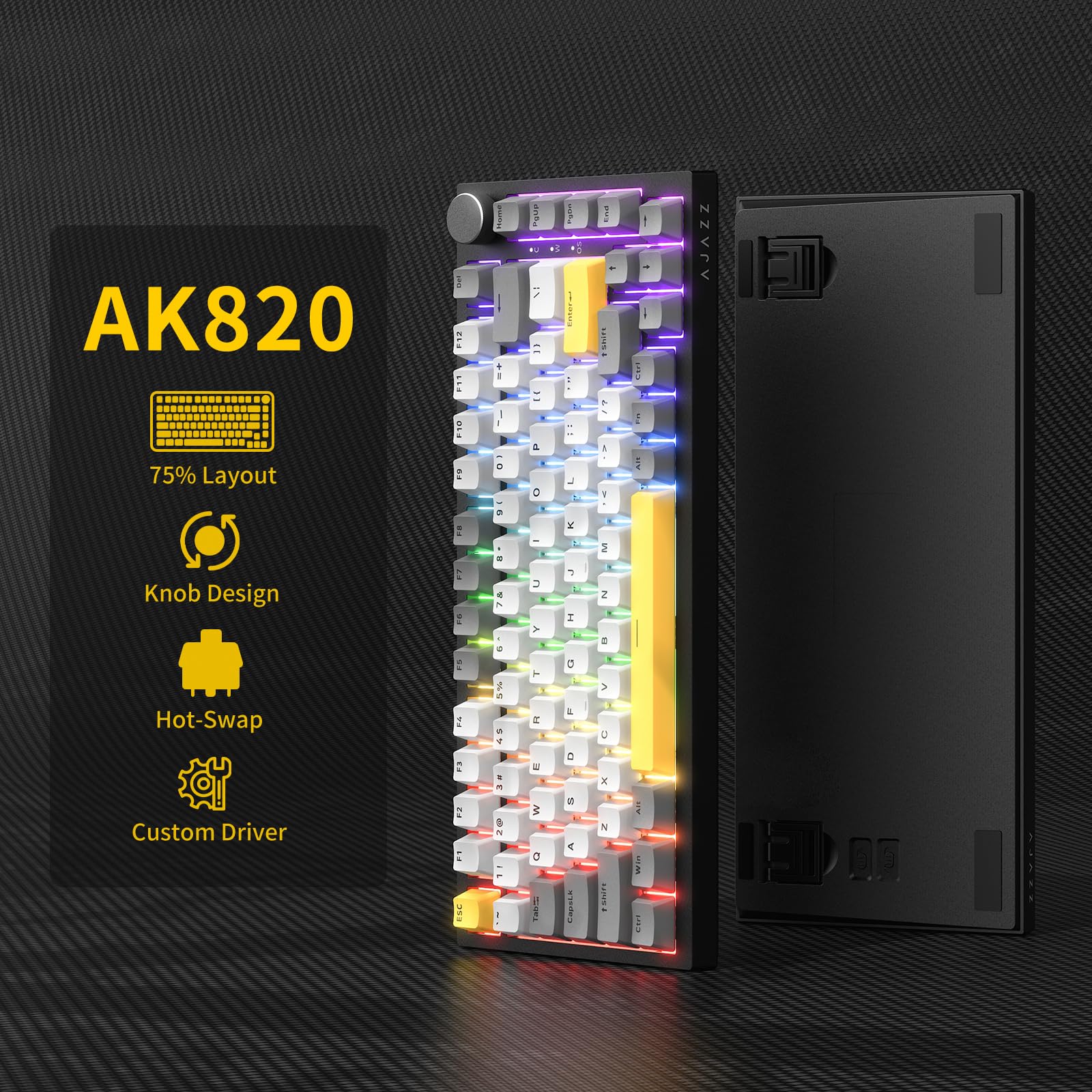 AJAZZ AK820 Wired Mechanical Keyboard, 75% Gaming Keyboard with Volume Control Knob, PBT Keycaps, 82 Keys, Five-Layer Sound Insulation Pad, South-Oriented RGB, Full-Key Hot Swap, Grey White Yellow