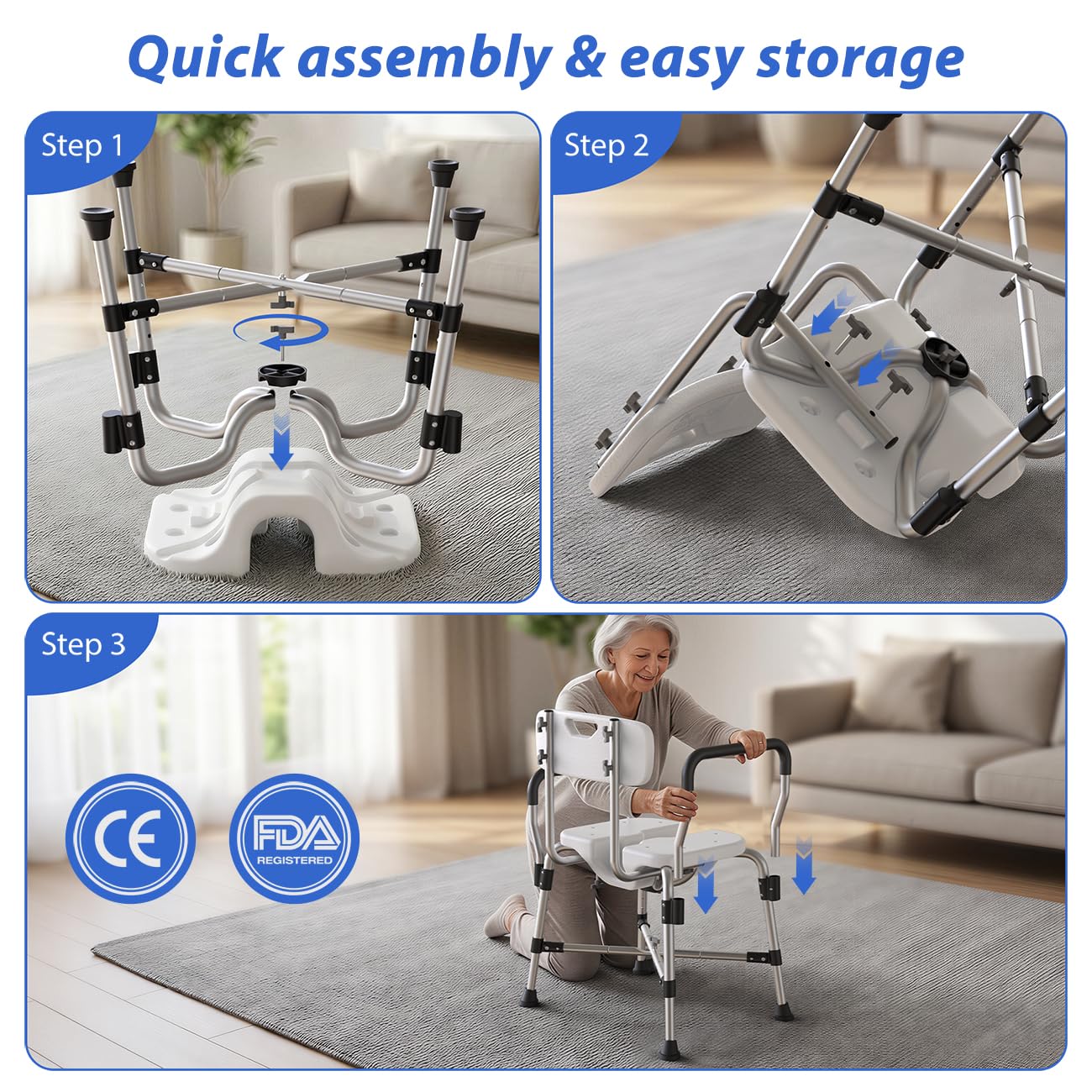Sedia per Doccia Anziani e Disabili con Braccioli e Schienale, Sgabello Doccia Anziani Regolabile in Altezza, Sedile per Doccia Antiscivolo con Design a U per Igiene Personale, Professional
