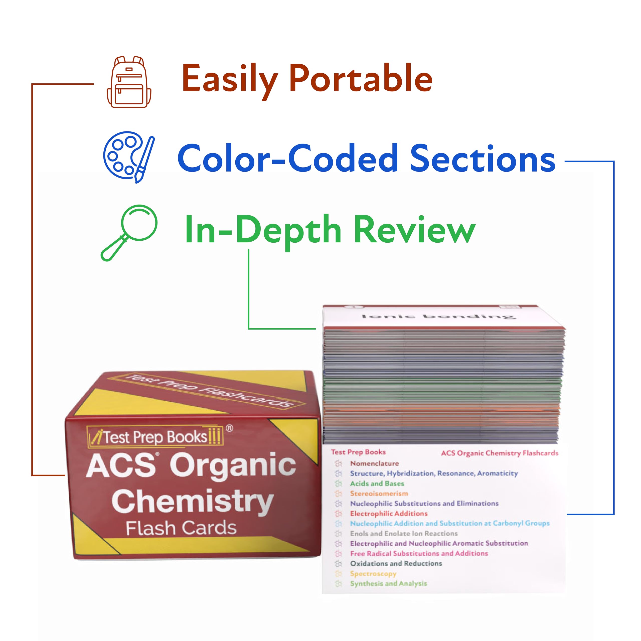 Tarjetas de estudio de química orgánica ACS 2024-2025: Revisión del examen de química orgánica ACS y preguntas de prueba de práctica [tarjetas a todo color]